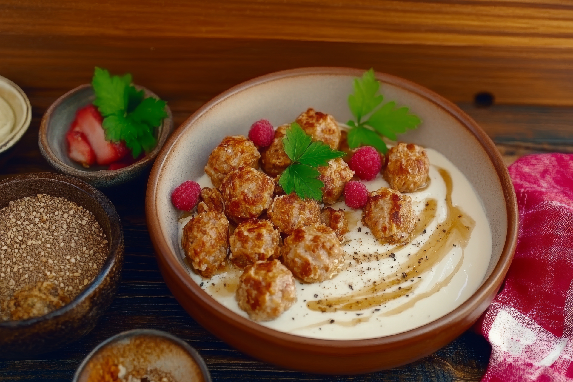 Spicy Tunisian Harissa Meatballs with Mint Yogurt — Main Course served and photographed from above