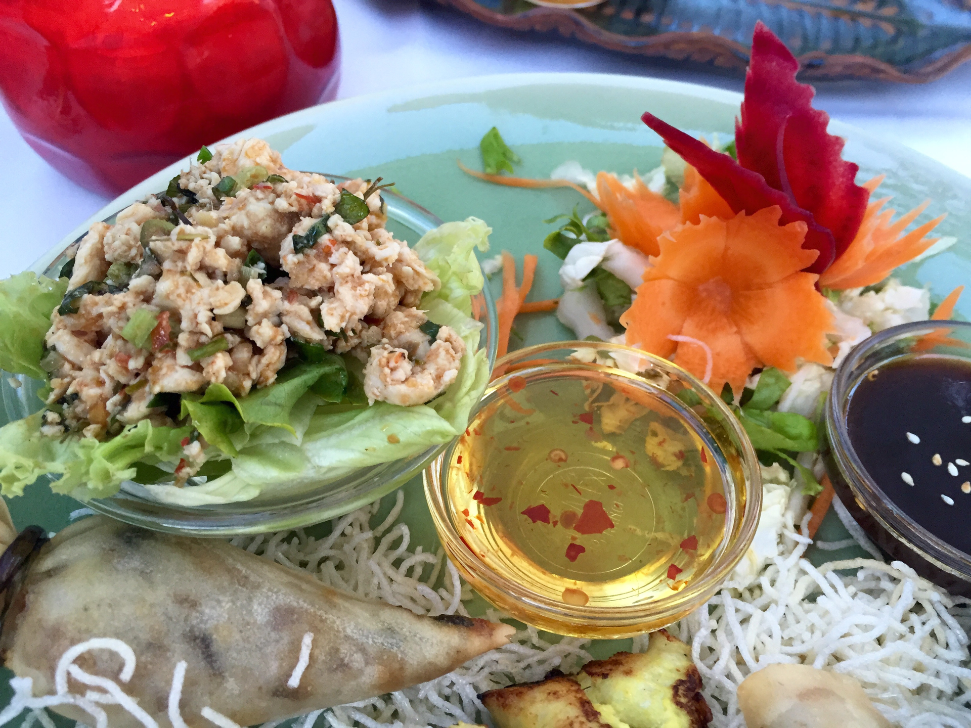 Overhead flat-lay of all ingredients for Spicy Vietnamese Cha Ca La Vong with Turmeric and Dill laid out on a kitchen surface.