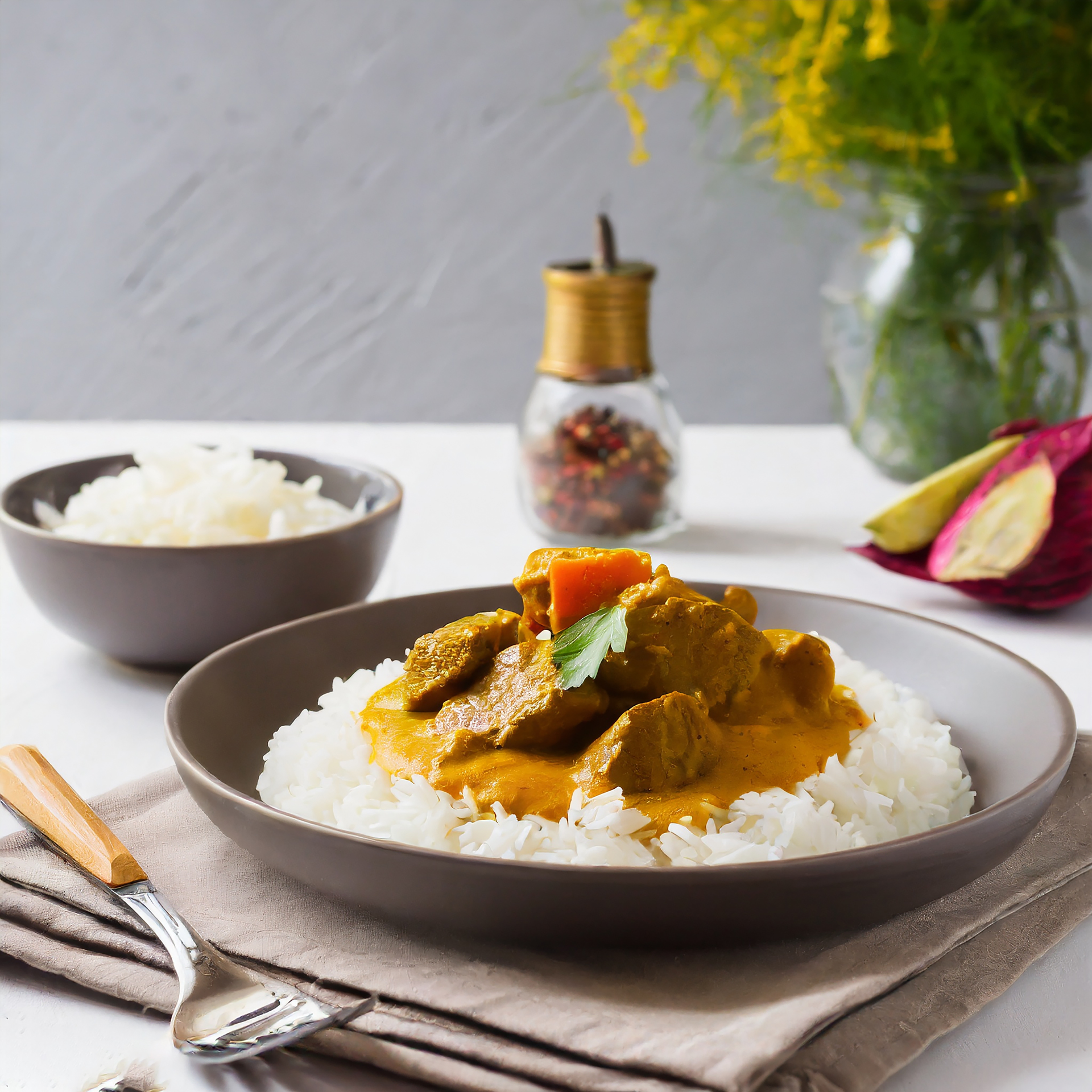 Overhead flat-lay of all ingredients for Sri Lankan Tamarind and Coconut Beef Curry with Saffron Rice laid out on a kitchen surface.