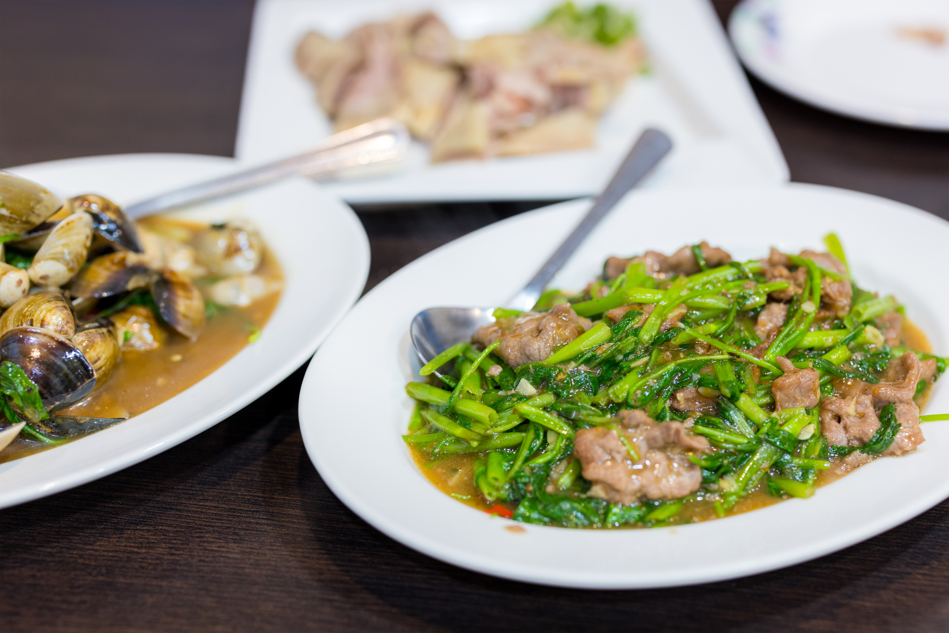 Succulent Cambodian Lort Cha with Beef and Bok Choy — Main Course served and photographed from above