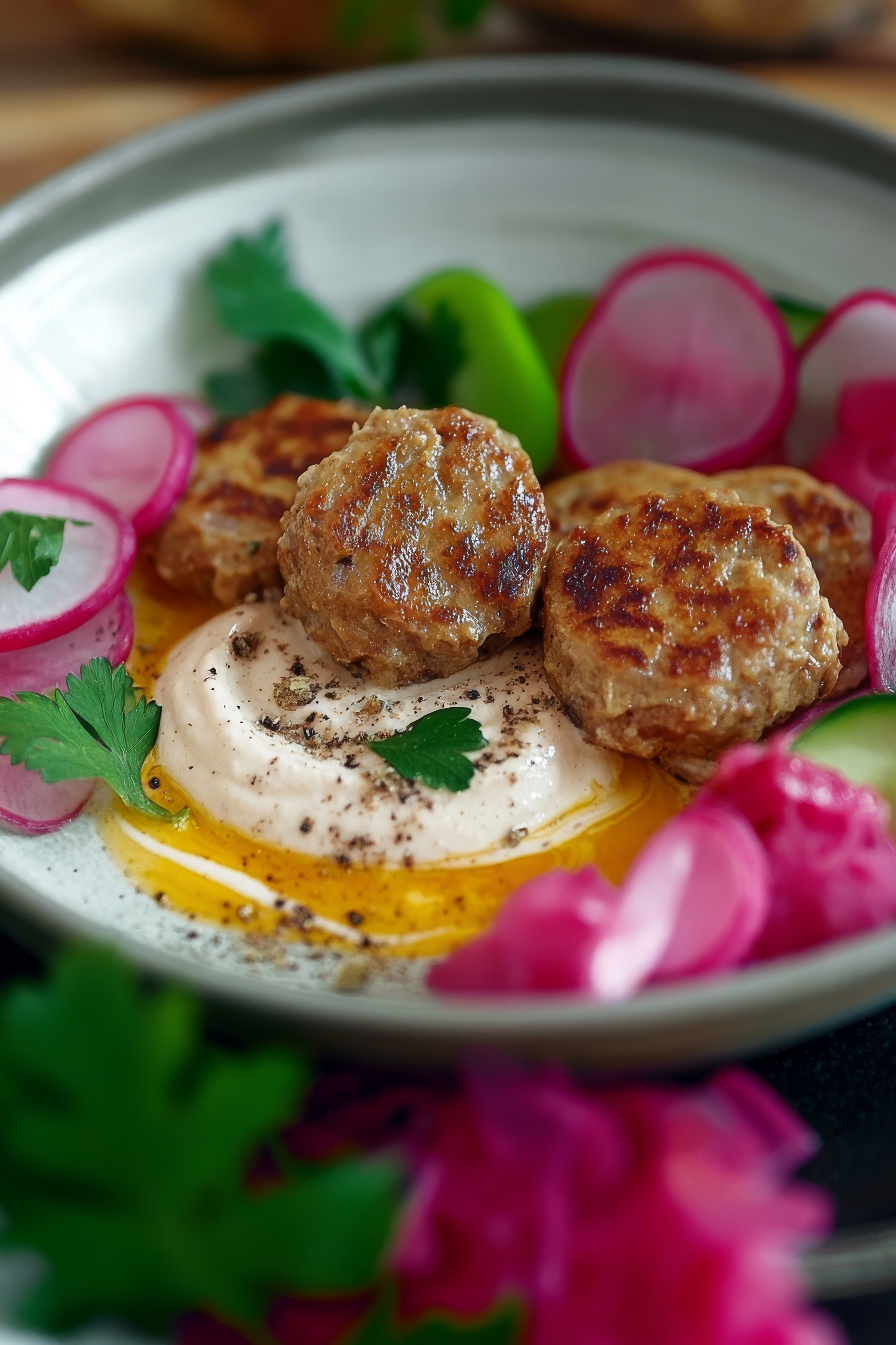 Overhead flat-lay of all ingredients for Succulent Lebanese Kafta with Lemony Tahini Sauce laid out on a kitchen surface.