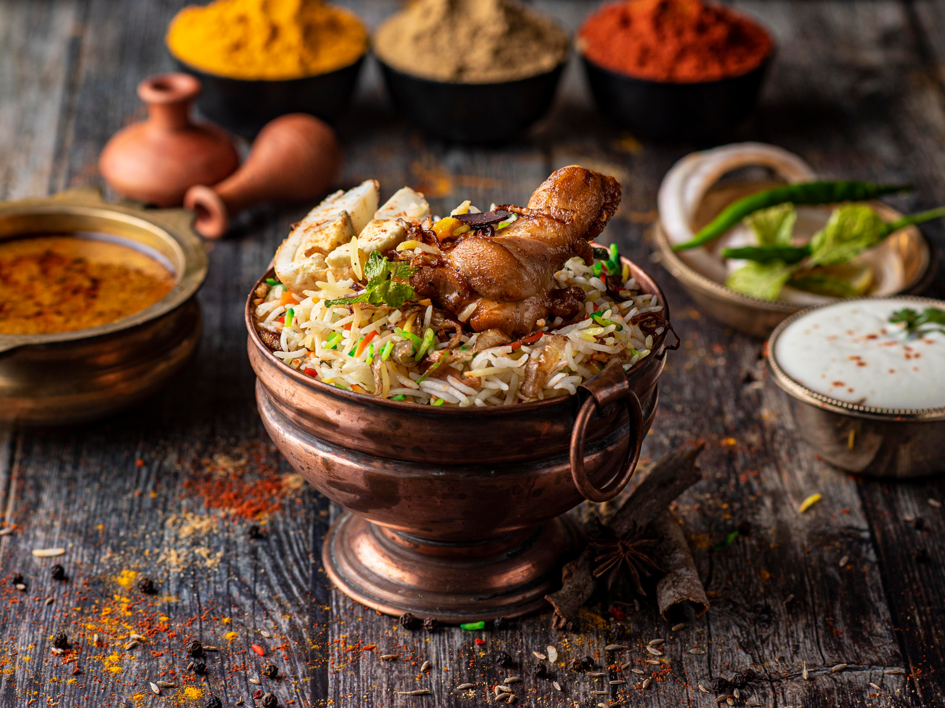 Overhead flat-lay of all ingredients for Succulent Nepalese Yak Biryani with Himalayan Spices laid out on a kitchen surface.