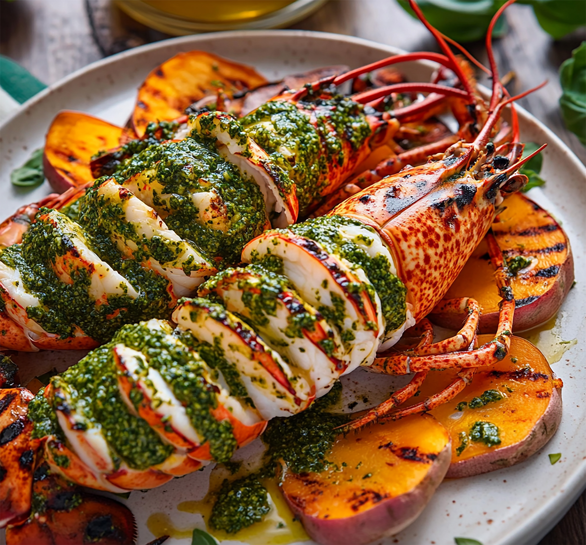 Overhead flat-lay of all ingredients for Sumptuous Tandoori Lobster Tails with Mint Chutney laid out on a kitchen surface.