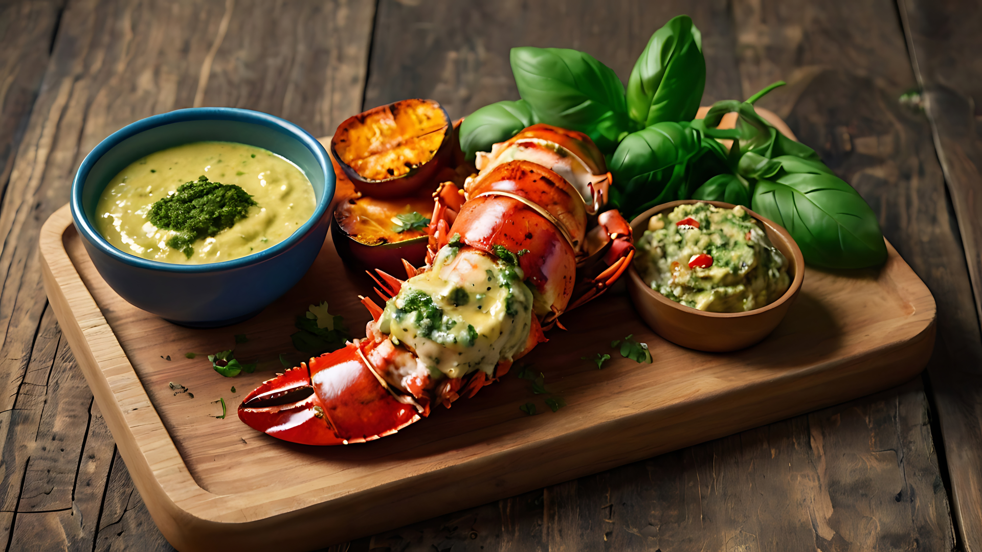 Sumptuous Tandoori Lobster Tails with Mint Chutney — Main Course served and photographed from above