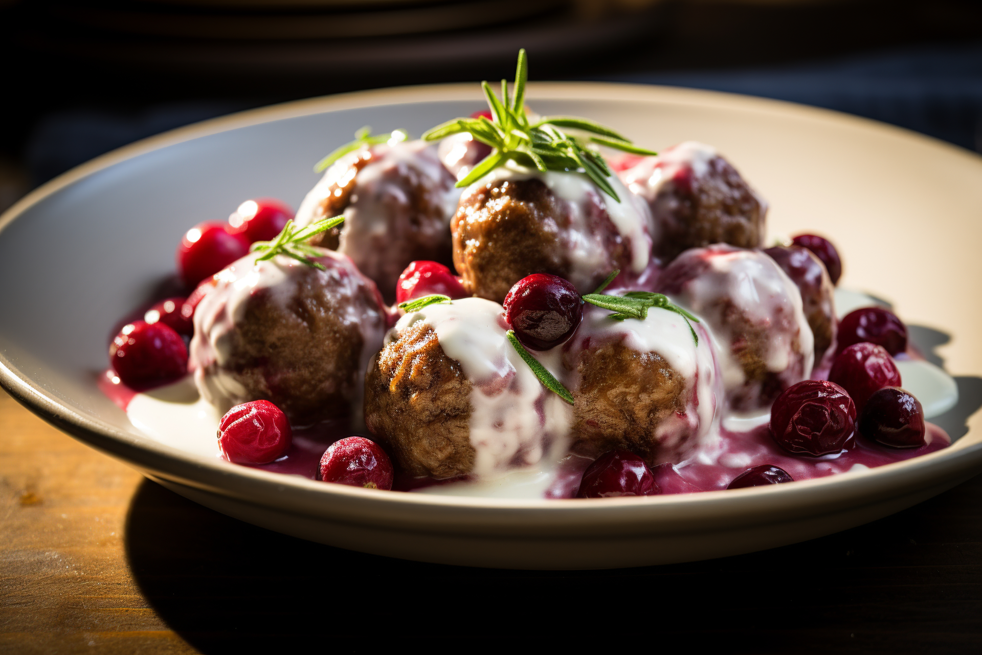 Swedish Lingonberry Meatballs with Dill Sauce — Main Course served and photographed from above
