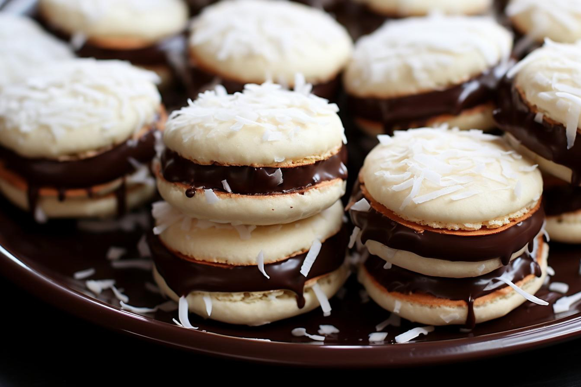 Overhead flat-lay of all ingredients for Sweet Argentine Dulce de Leche Alfajores with Coconut laid out on a kitchen surface.