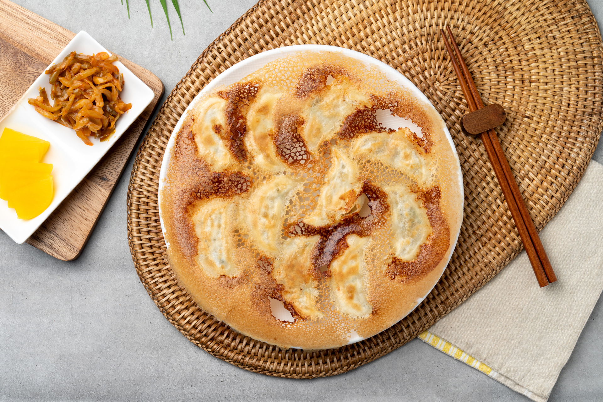 Overhead flat-lay of all ingredients for Sweet Korean Hotteok with Brown Sugar and Cinnamon Filling laid out on a kitchen surface.