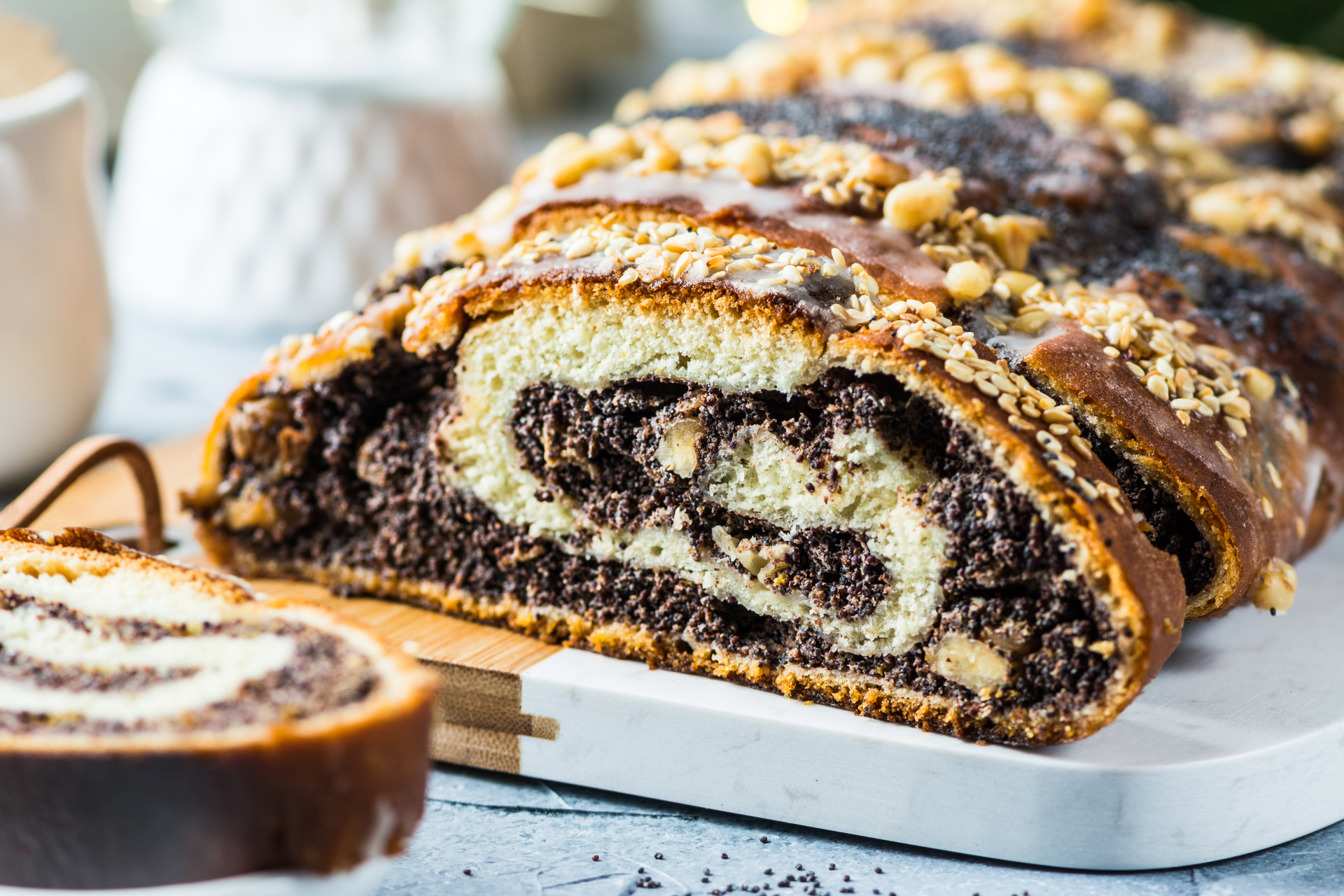 Sweet Romanian Cozonac with Walnuts and Cocoa — Dessert served and photographed from above