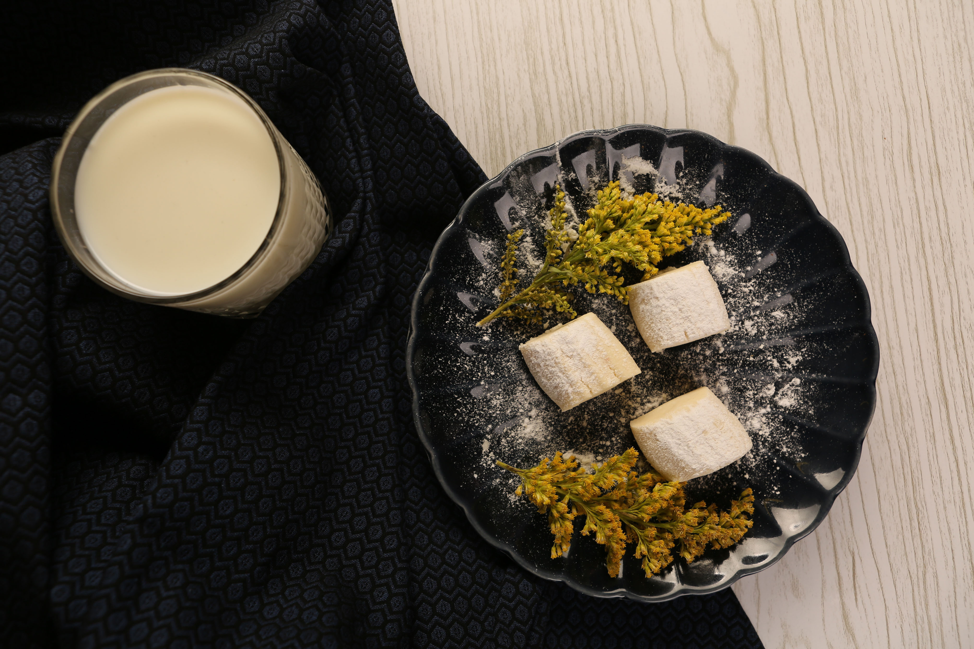 Overhead flat-lay of all ingredients for Sweet Turkish Sütaş laid out on a kitchen surface.
