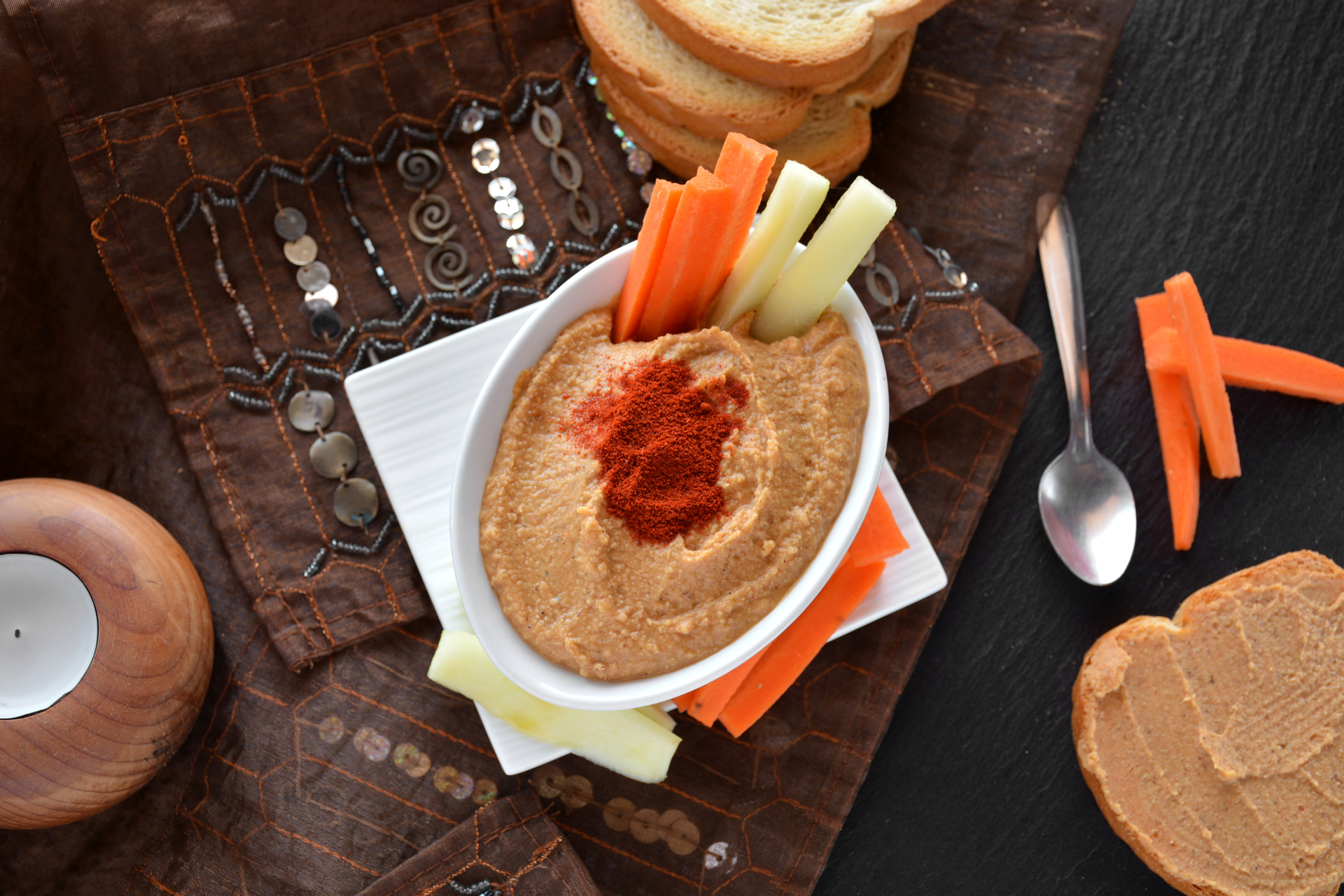 Syrian Muhammara with Roasted Red Peppers and Walnuts — Appetizer served and photographed from above
