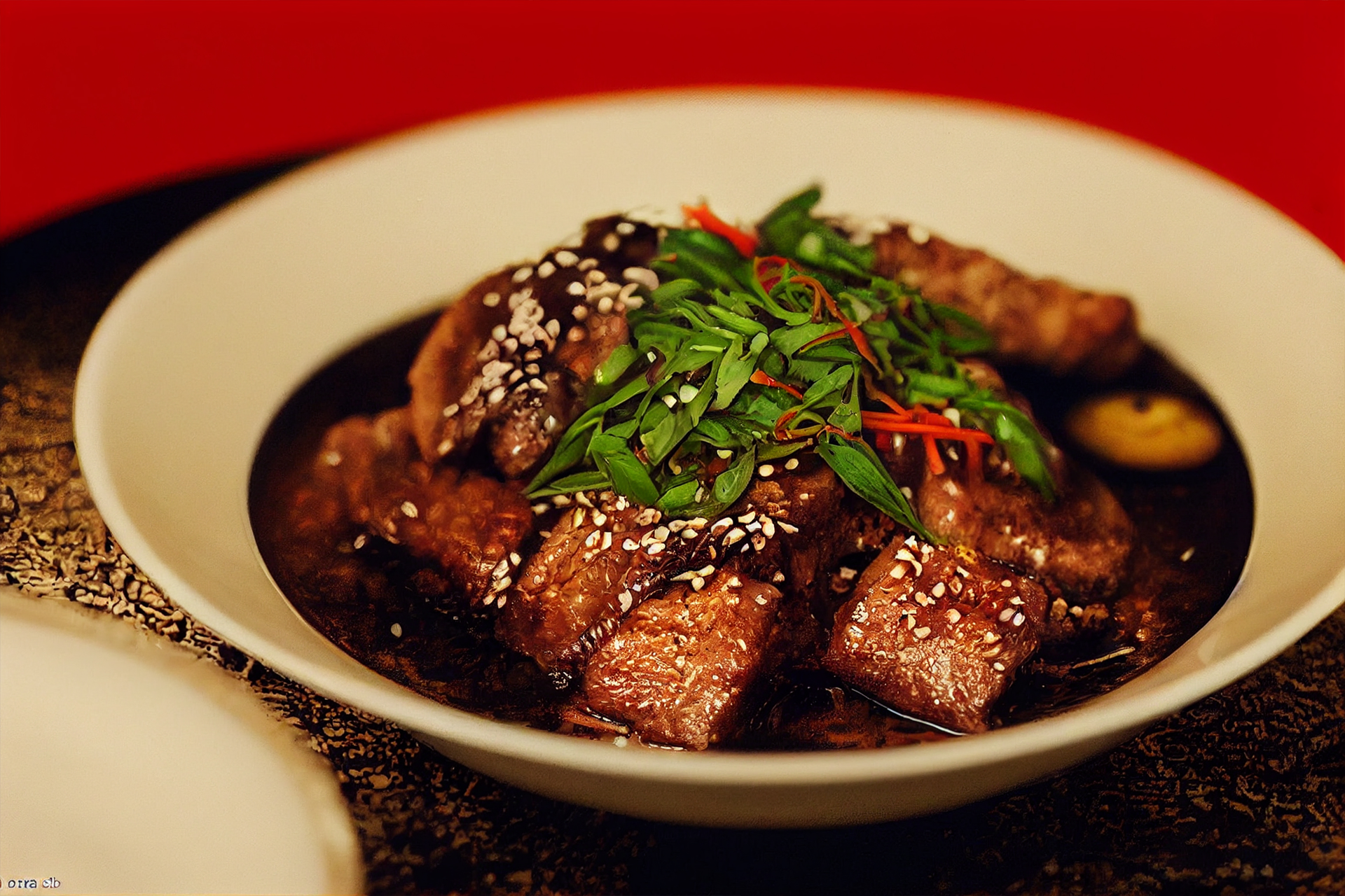 Szechuan Crispy Duck with Chili-Garlic Sauce — Main Course served and photographed from above