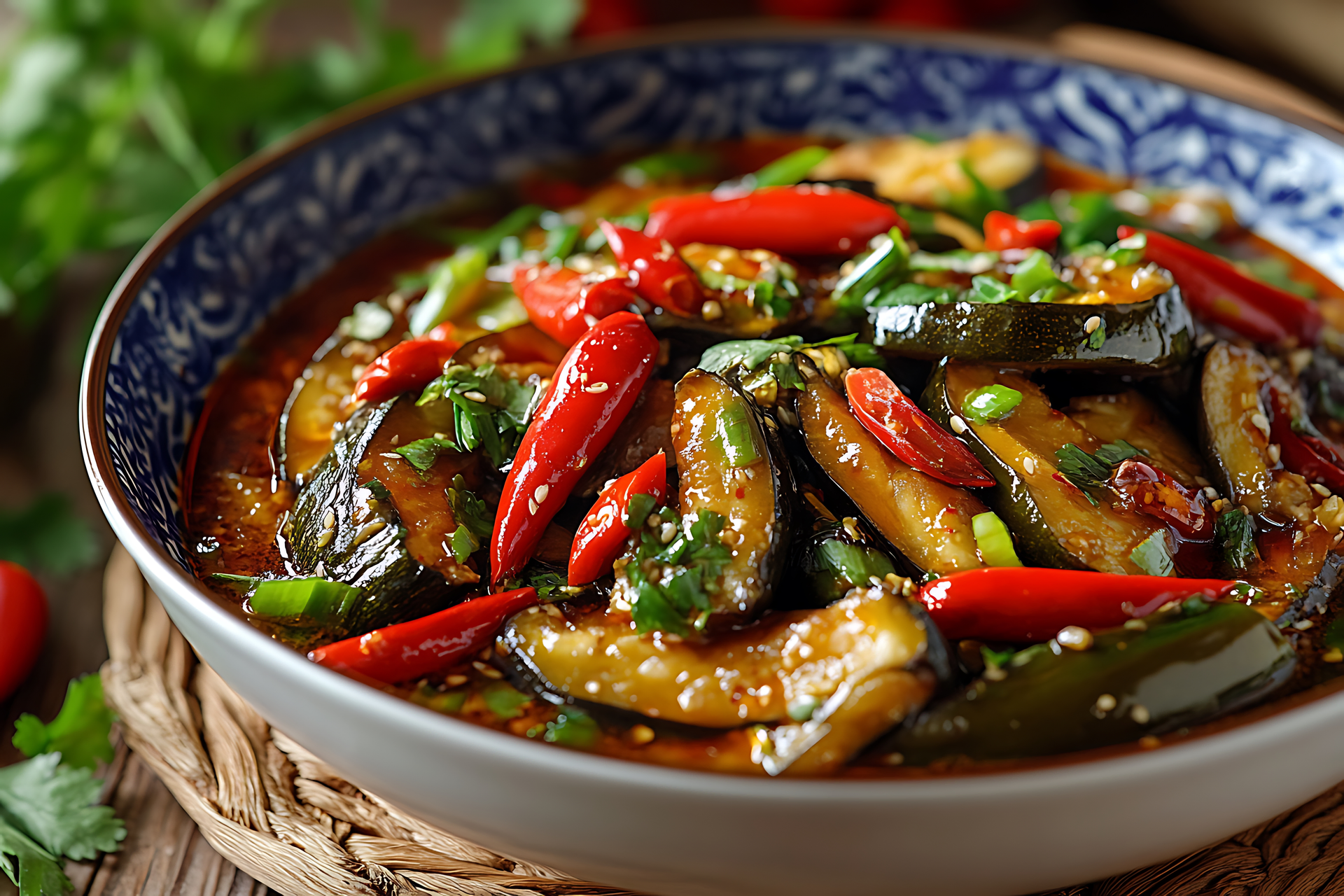 Overhead flat-lay of all ingredients for Szechuan Spicy Eggplant Stir-Fry with Garlic Chives laid out on a kitchen surface.
