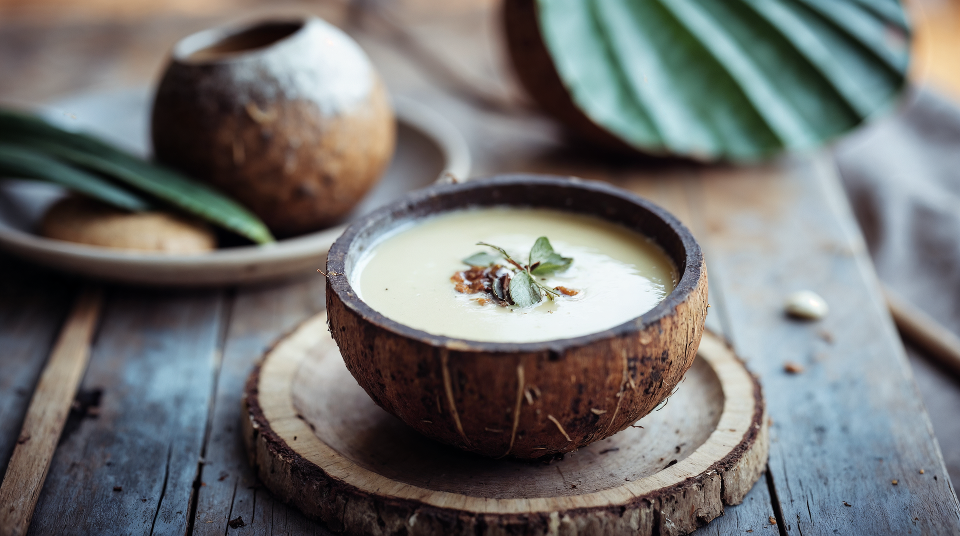 Overhead flat-lay of all ingredients for Tahitian Vanilla Tahitot with Coconut Custard laid out on a kitchen surface.