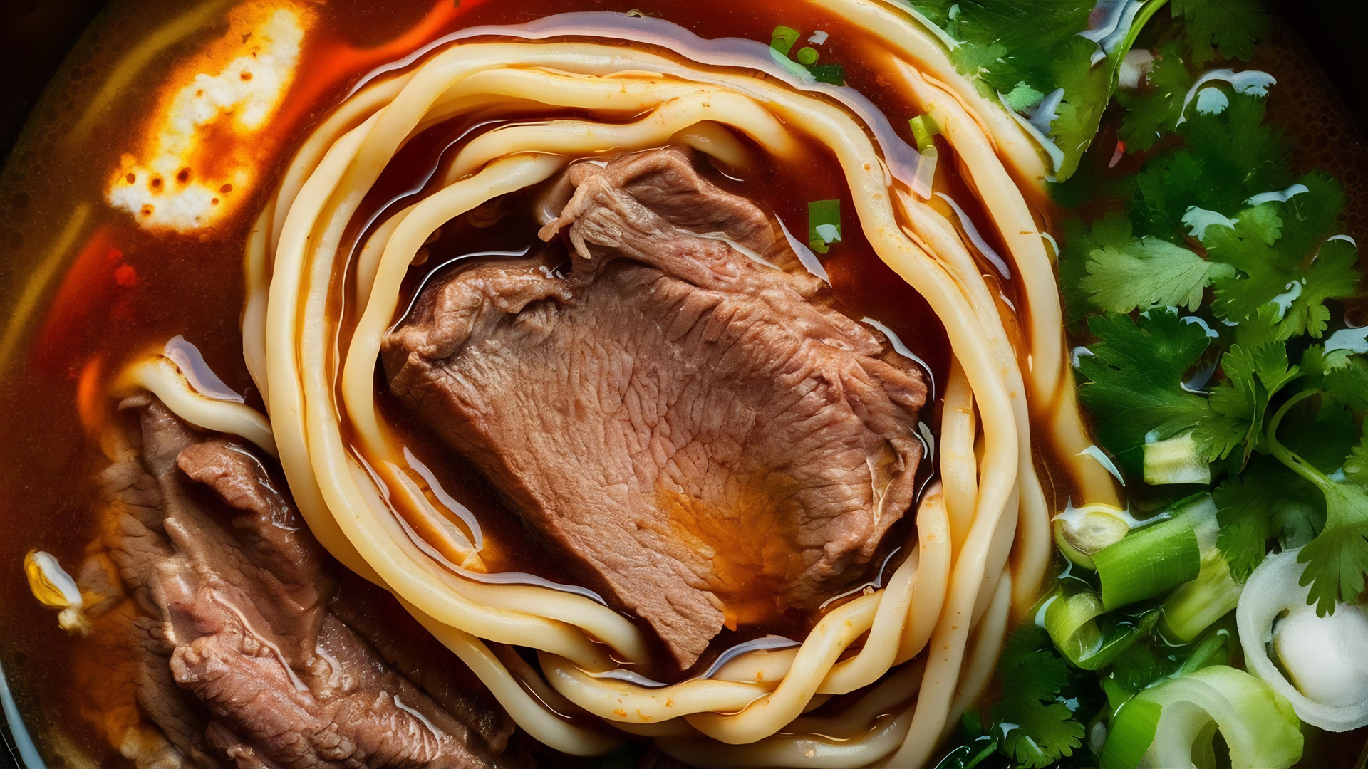 Overhead flat-lay of all ingredients for Taiwanese Beef Noodle Soup with Pickled Mustard Greens laid out on a kitchen surface.