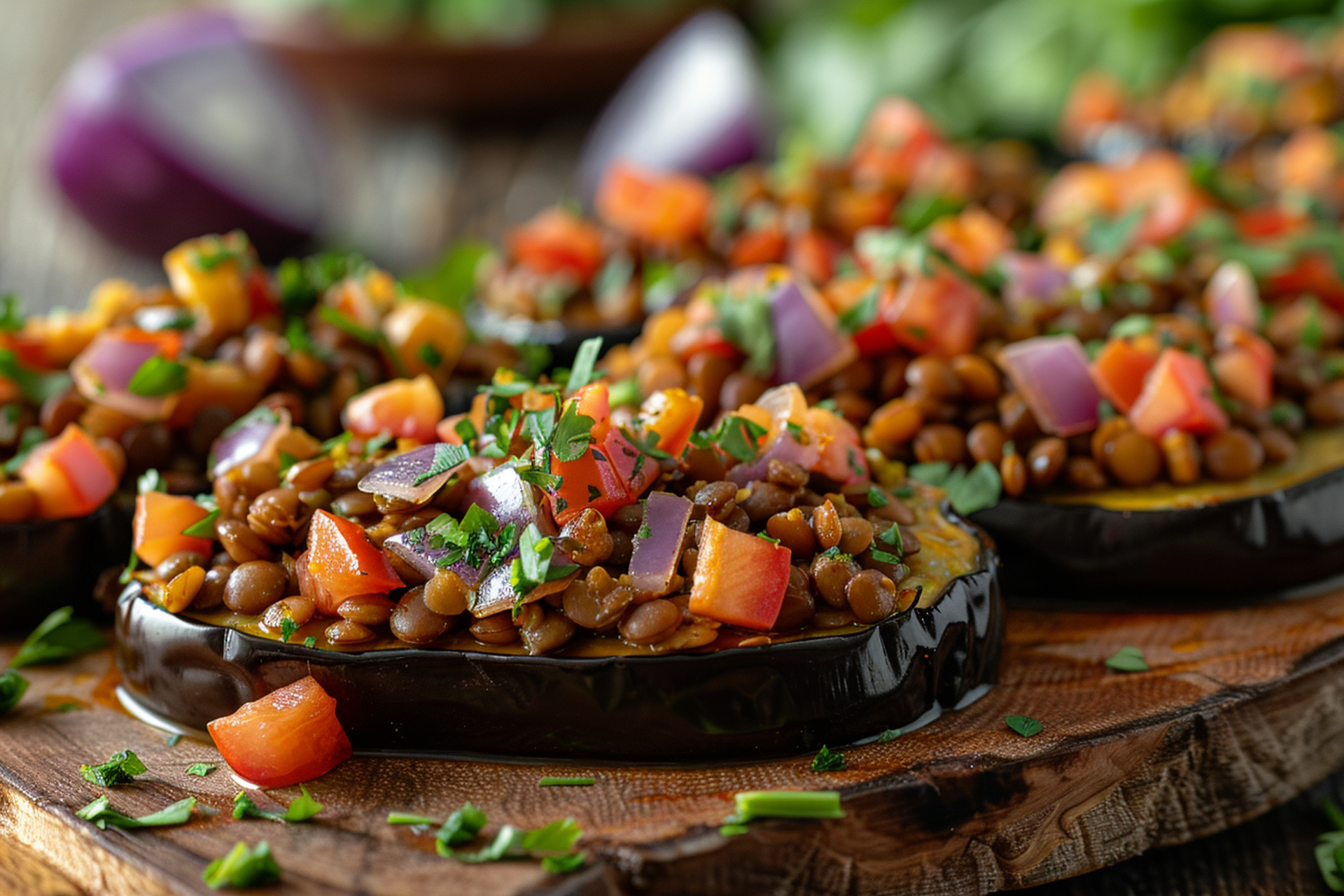 Overhead flat-lay of all ingredients for Tamarind-Glazed Eggplant with Chana Dal laid out on a kitchen surface.