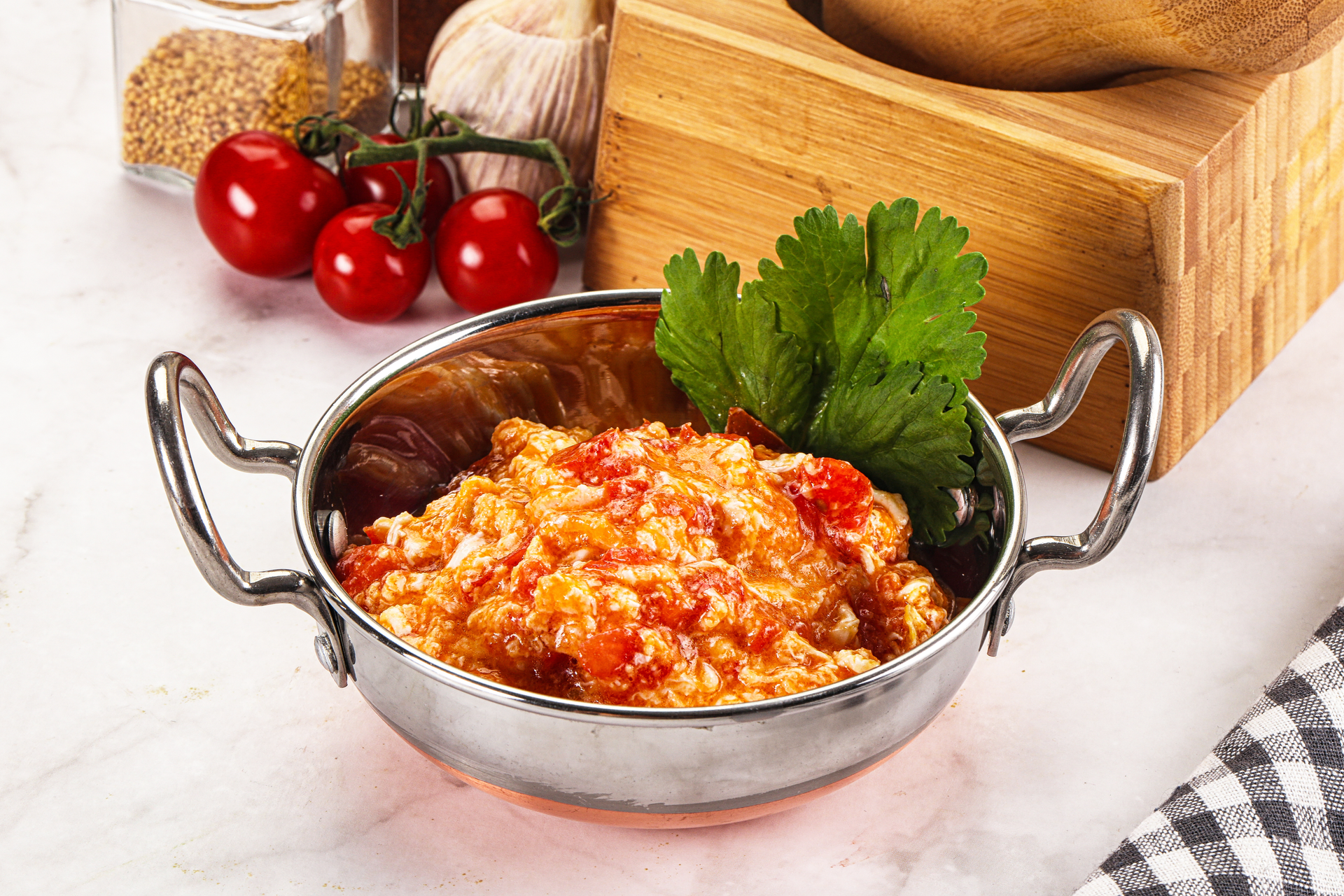 Tangy Albanian Fërgesë with Peppers and Tomatoes — Main Course served and photographed from above
