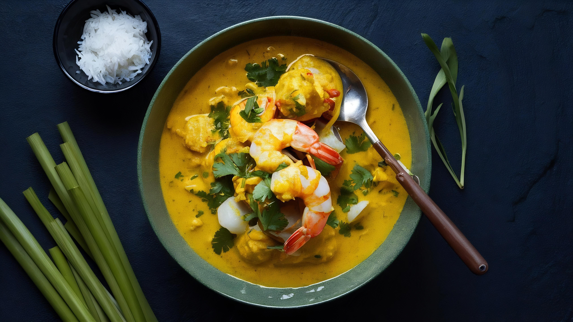 Tangy Burmese Shrimp Curry with Mustard Greens — Main Course served and photographed from above