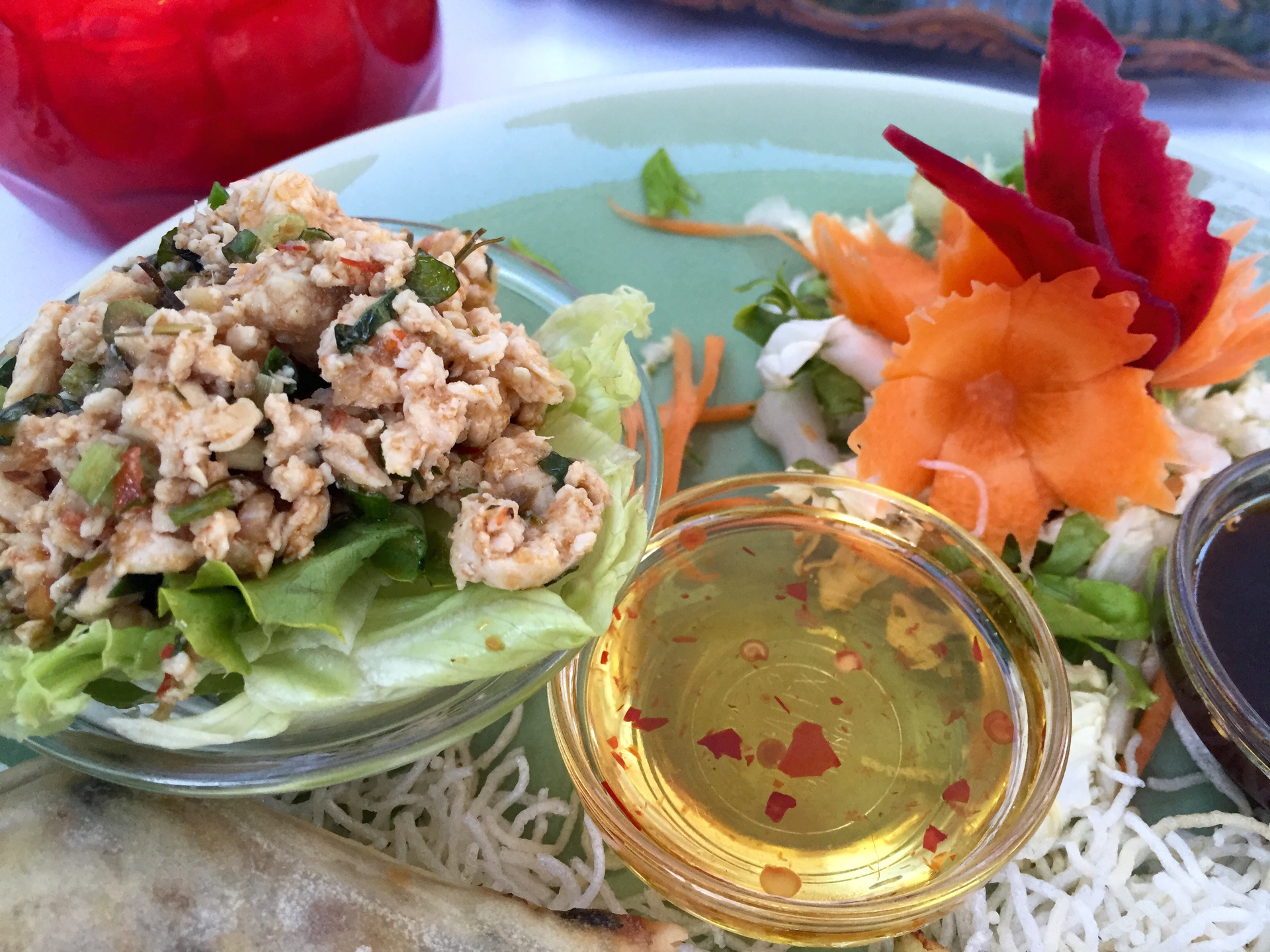Tangy Cambodian Num Banh Chok with Fermented Fish Sauce — Main Course served and photographed from above