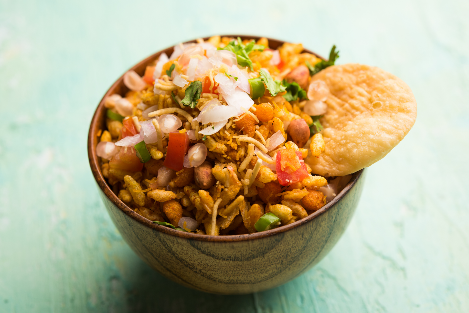 Tangy Indian Bhel Puri — Snack served and photographed from above