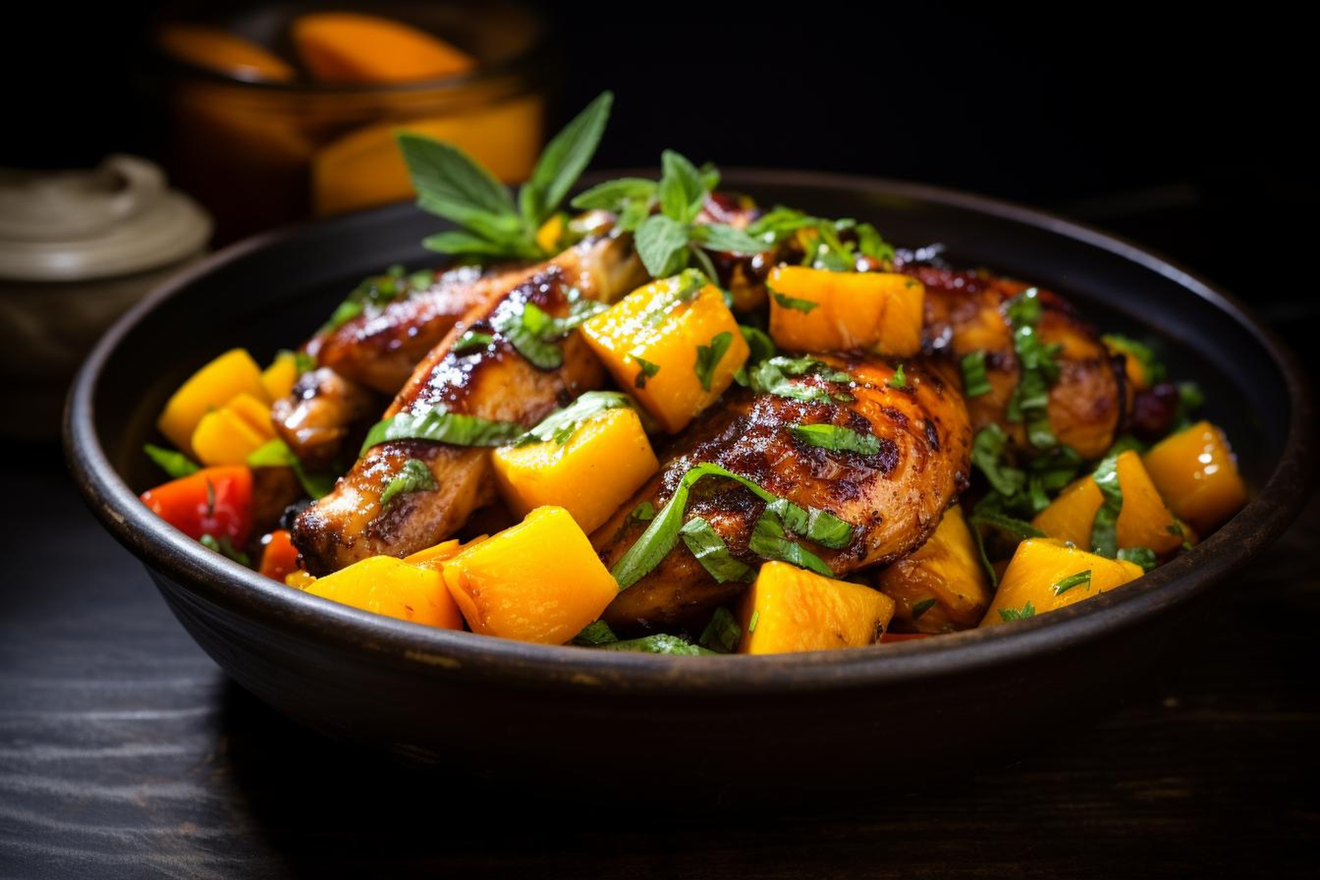 Overhead flat-lay of all ingredients for Tangy Jamaican Tamarind-Glazed Chicken with Mango Relish laid out on a kitchen surface.