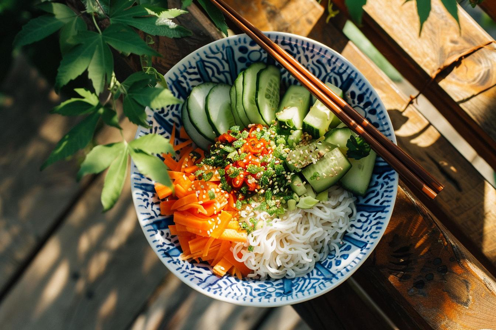Tangy Korean Bibim Guksu with Cucumber and Sesame Seeds — Main Course served and photographed from above