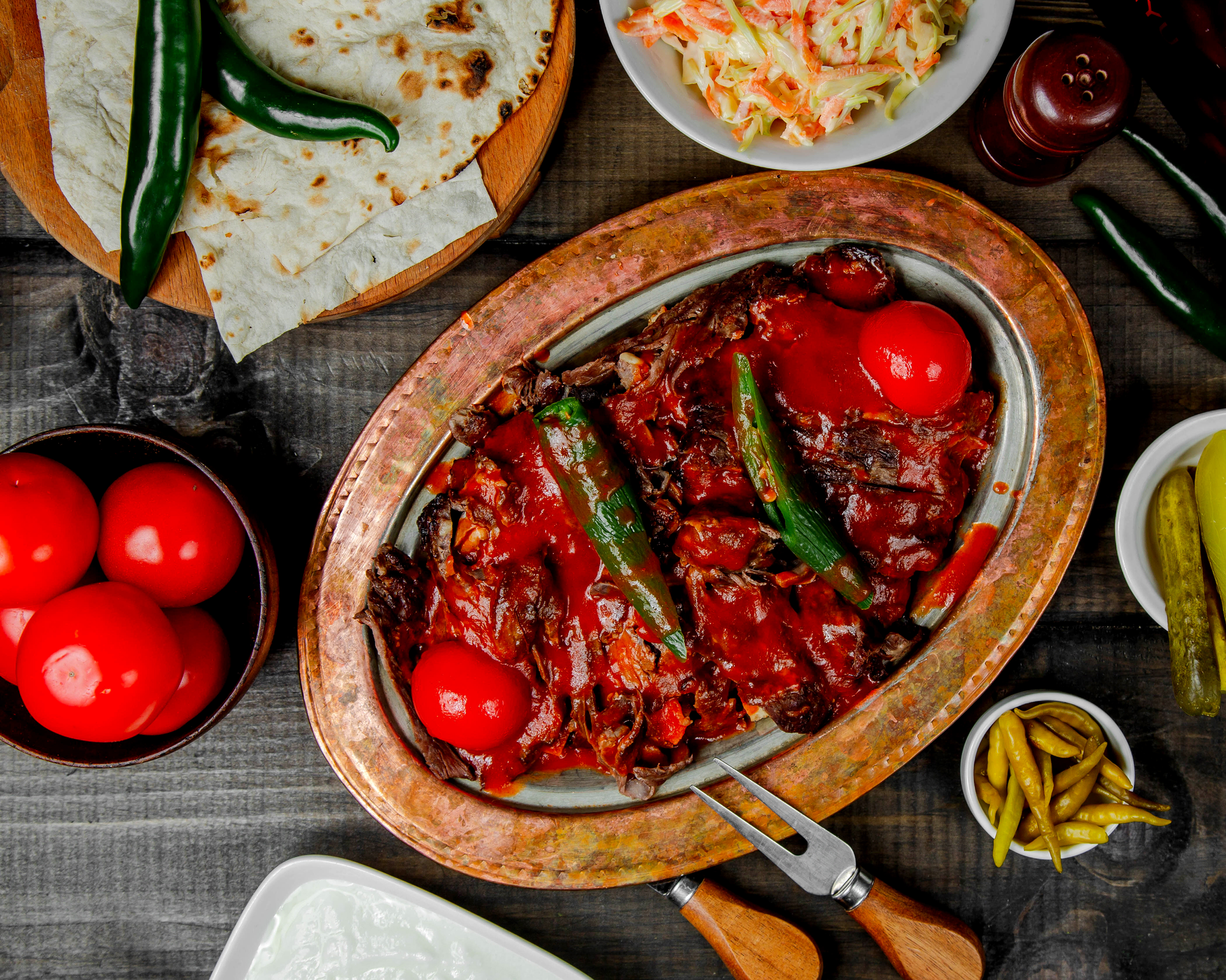 Tangy Syrian Samkeh Harra with Hot Pepper Sauce — Main Course served and photographed from above