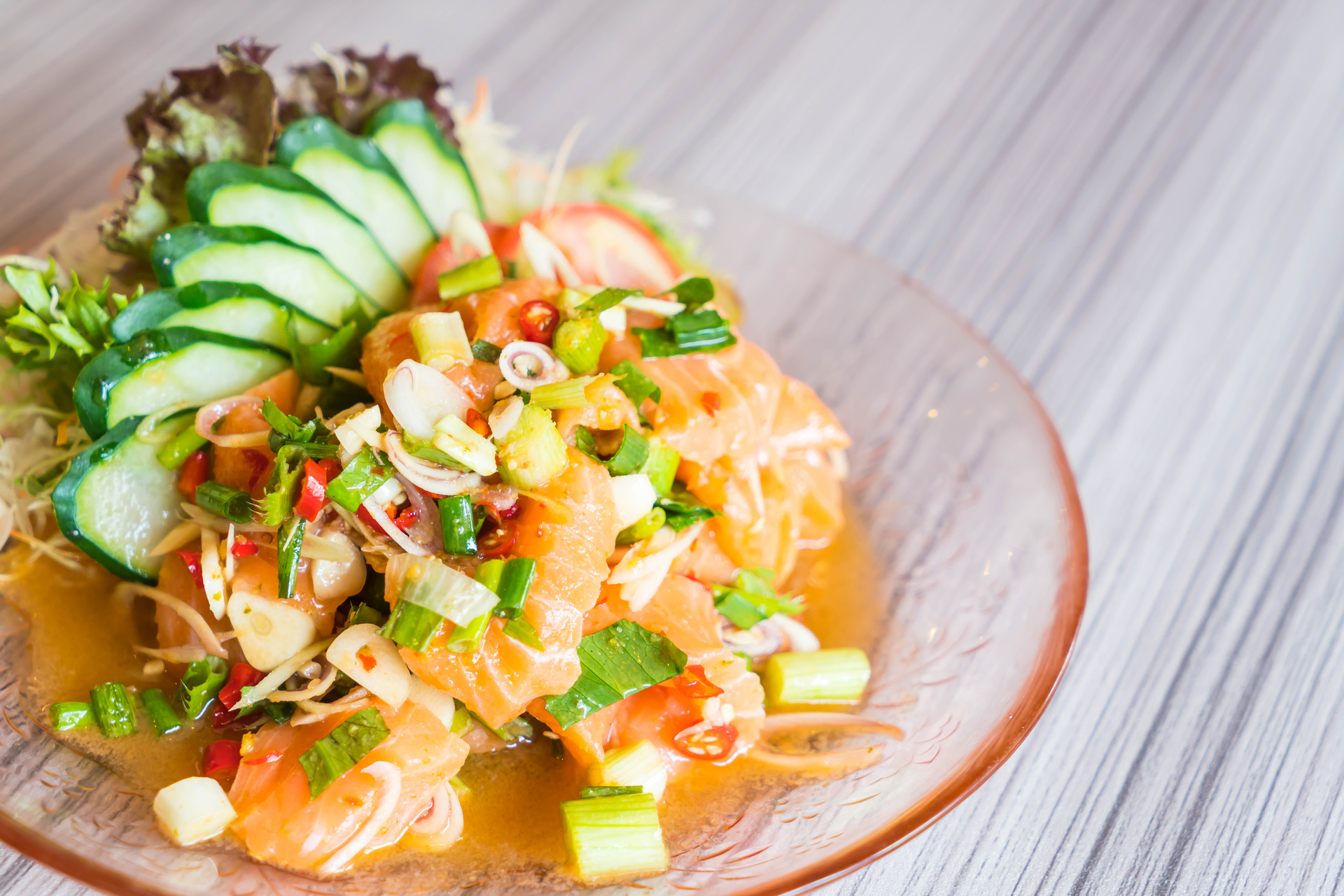 Tangy Thai Green Mango and Shrimp Salad with Chilis — Salad served and photographed from above