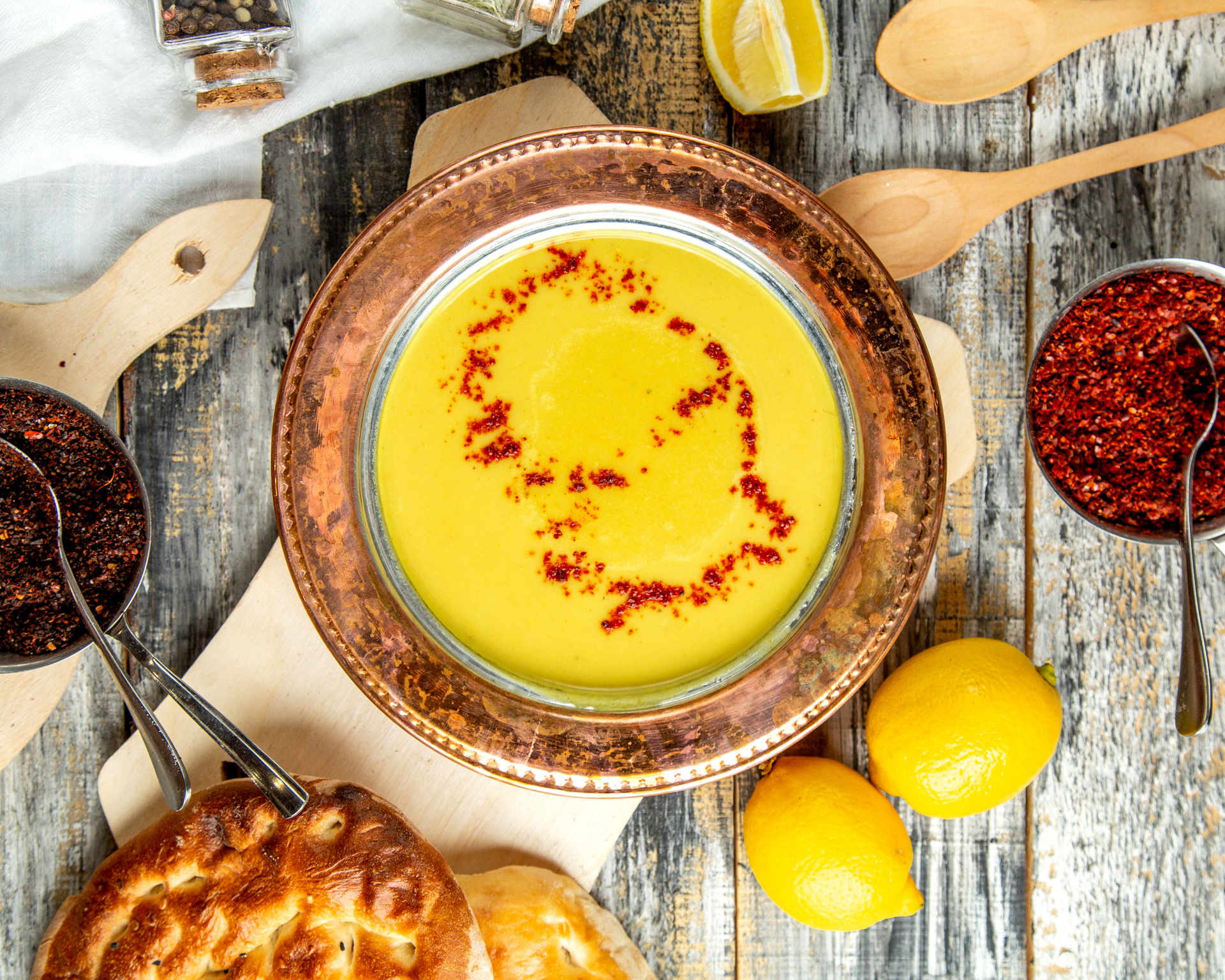 Tangy Tunisian Harira with Preserved Lemons — Soup served and photographed from above
