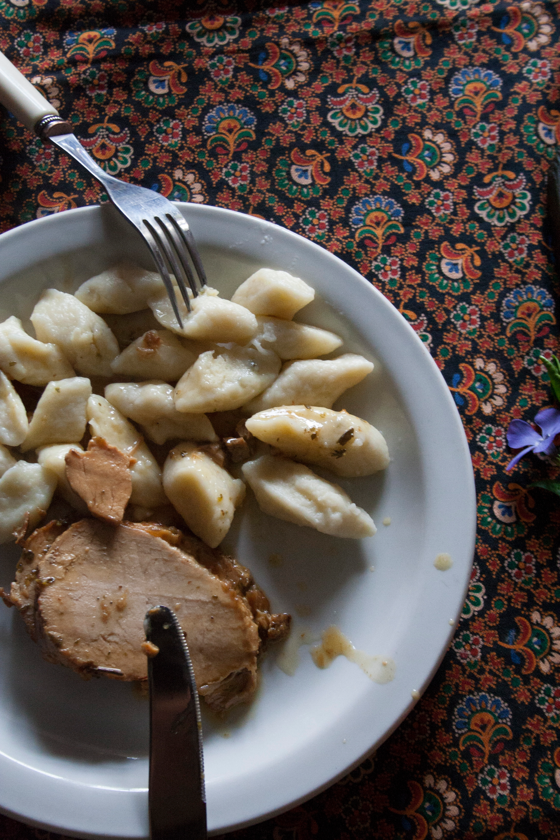Overhead flat-lay of all ingredients for Tender Croatian Pasticada with Gnocchi and Prunes laid out on a kitchen surface.