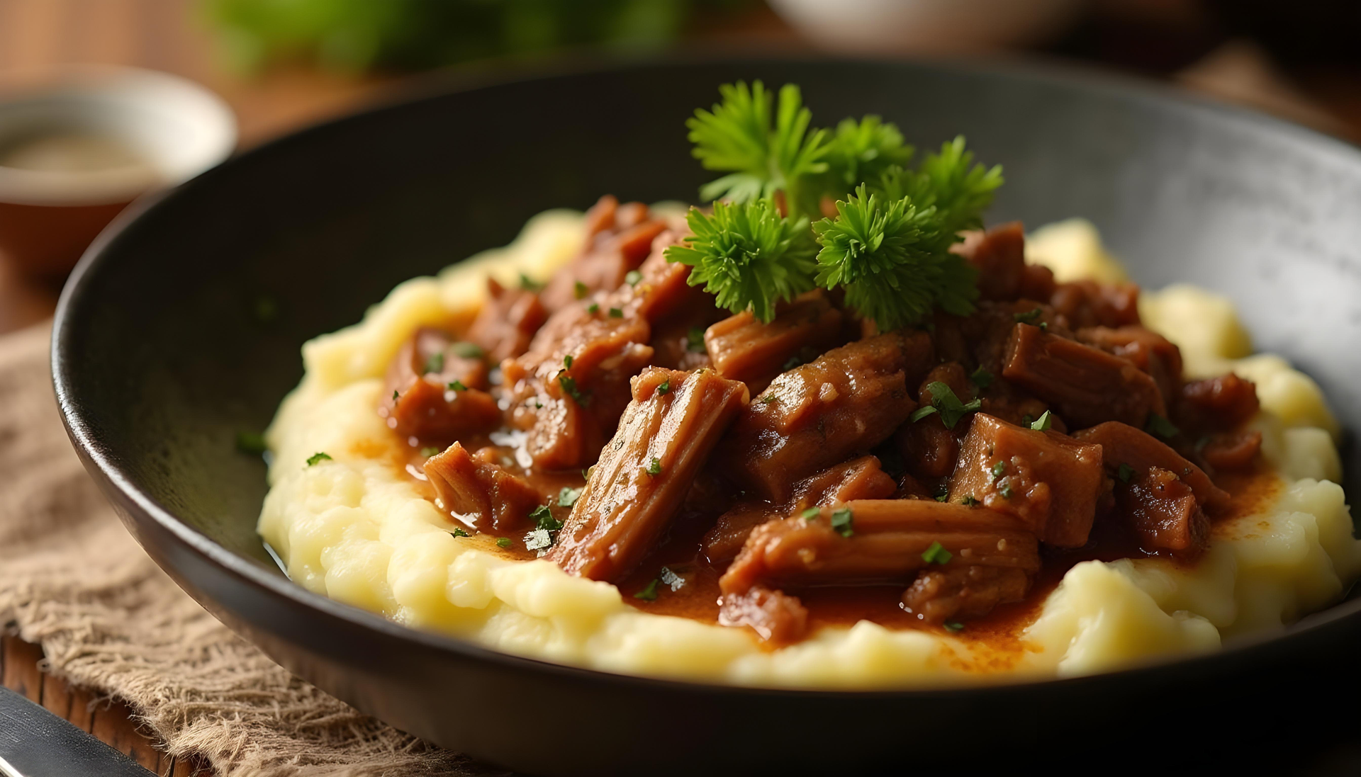 Tender Guinness Beef Stew with Caramelized Shallots on Mashed Potatoes