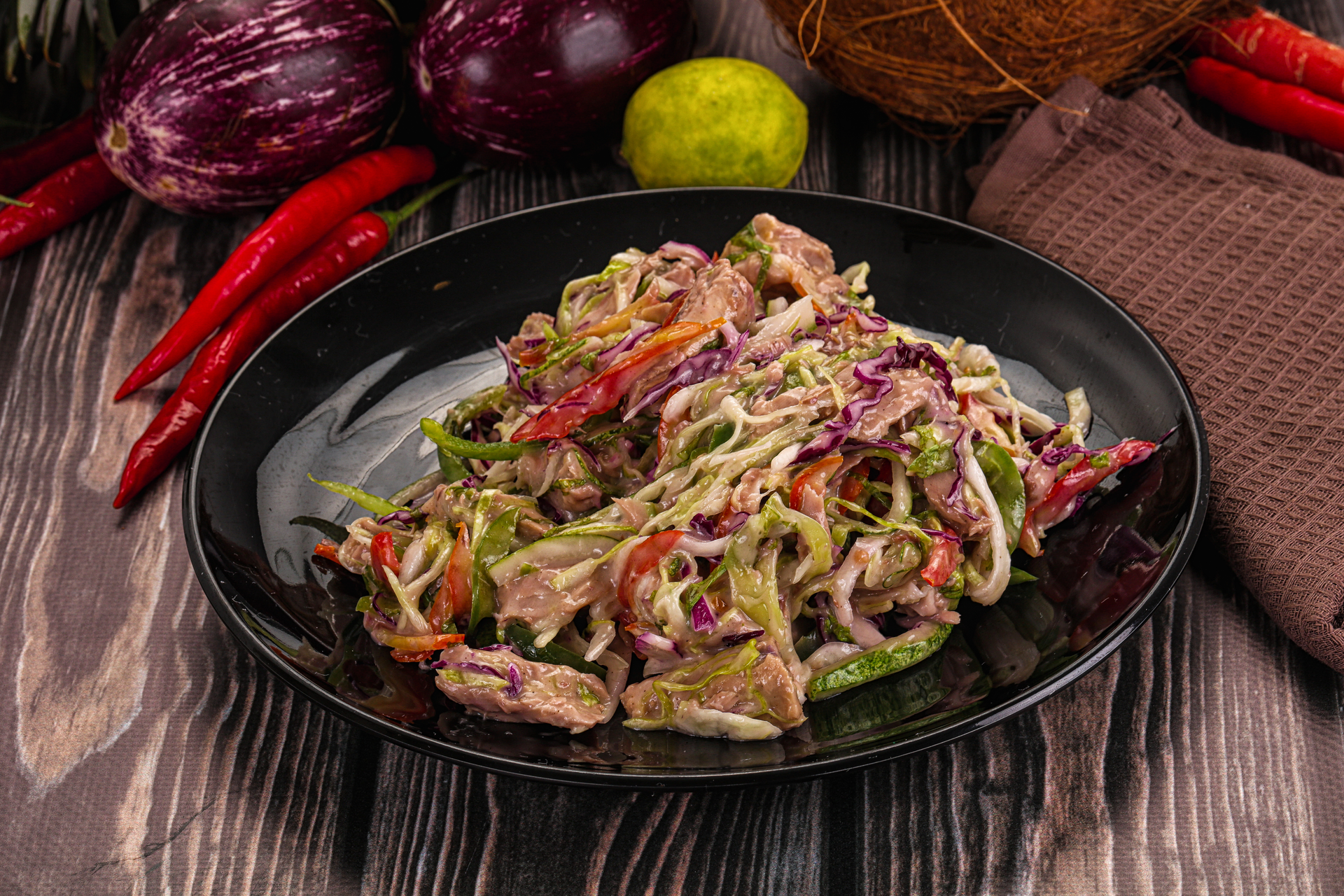 Thai Lemongrass Beef Salad with Mint and Chili Dressing — Salad served and photographed from above
