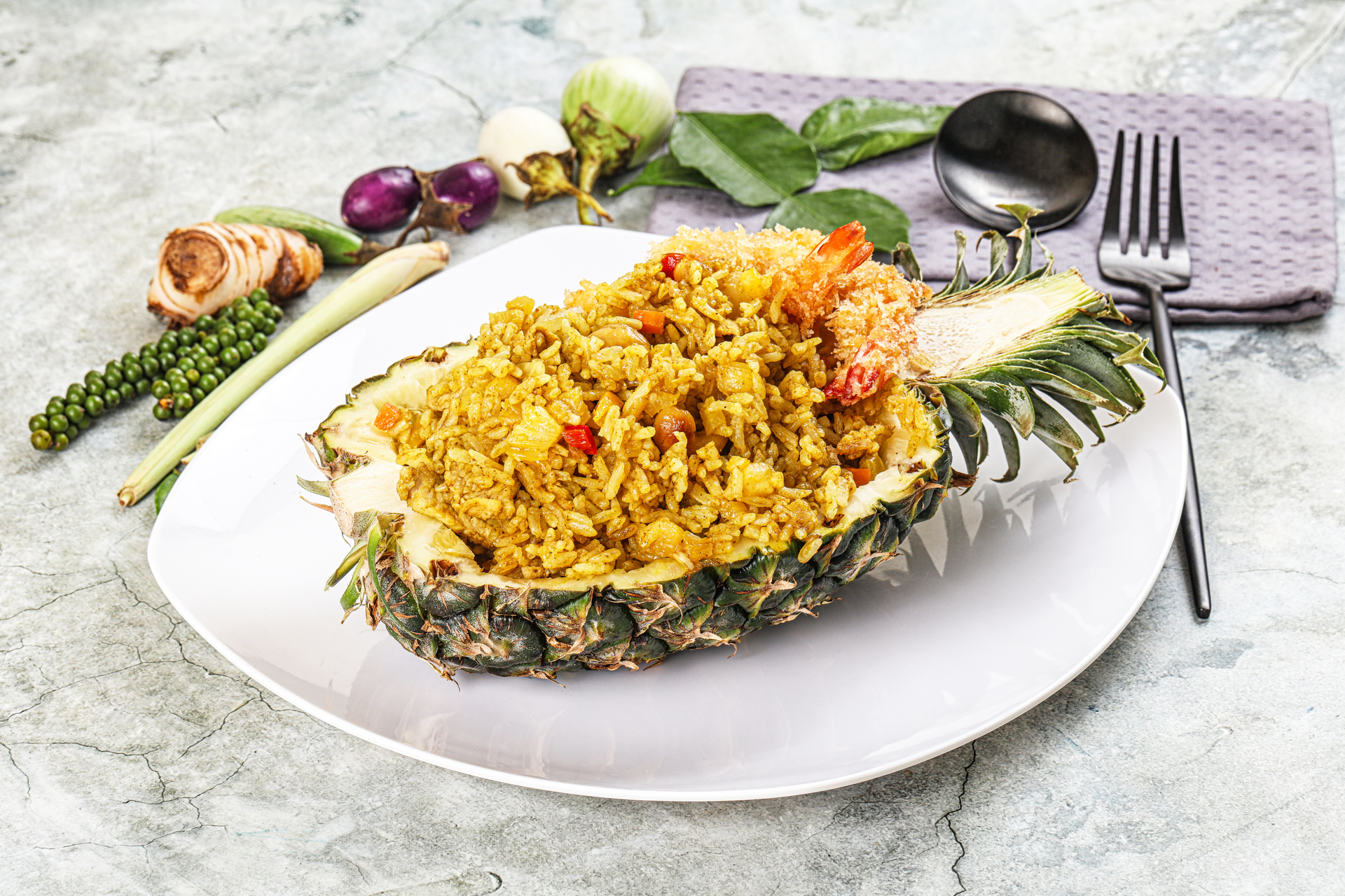 Thai Pineapple Fried Rice with Cashews and Curry Powder — Main Course served and photographed from above