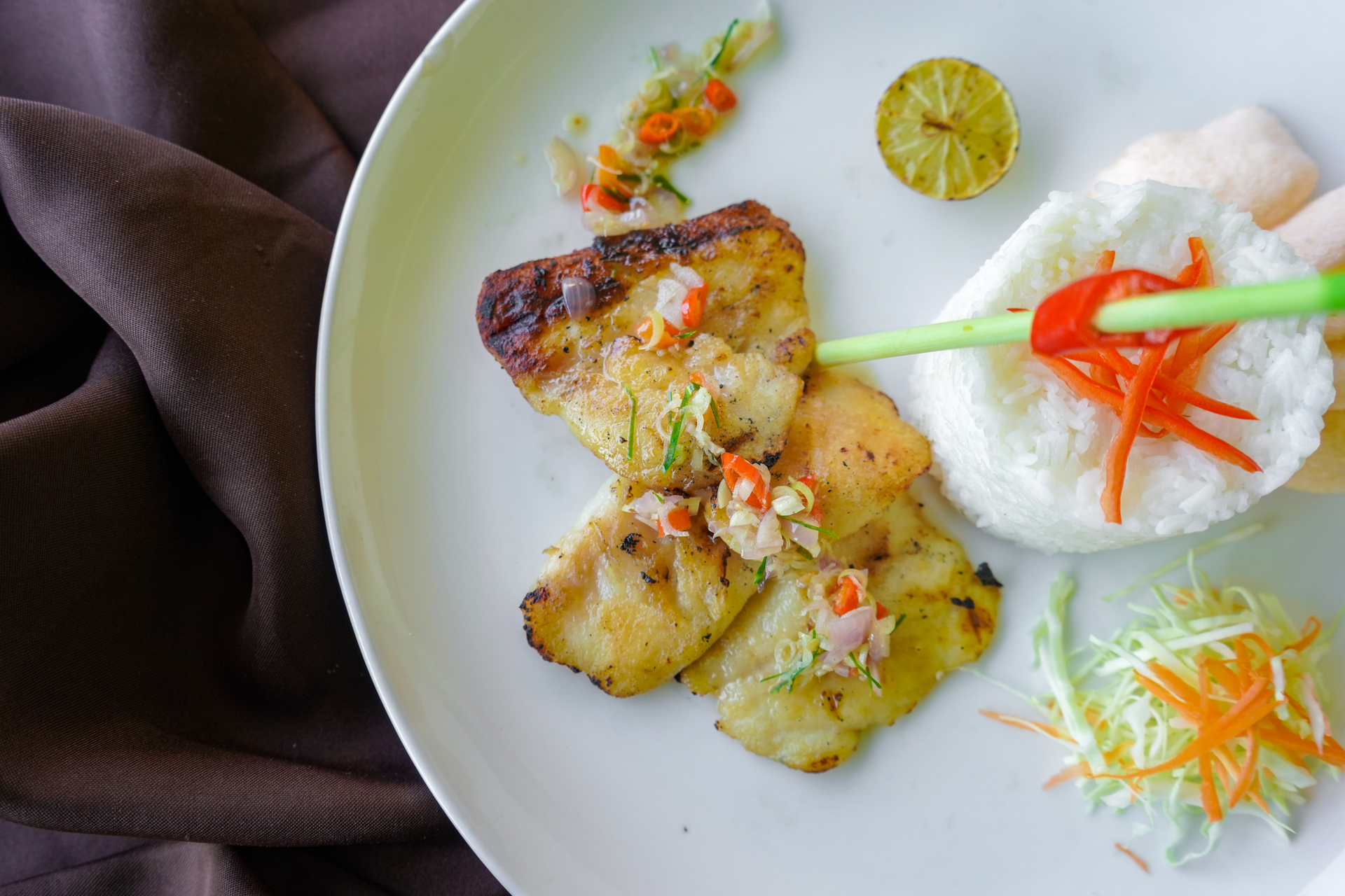 Thai Pineapple Lemongrass Chicken with Chili Lime Drizzle — Main Course served and photographed from above