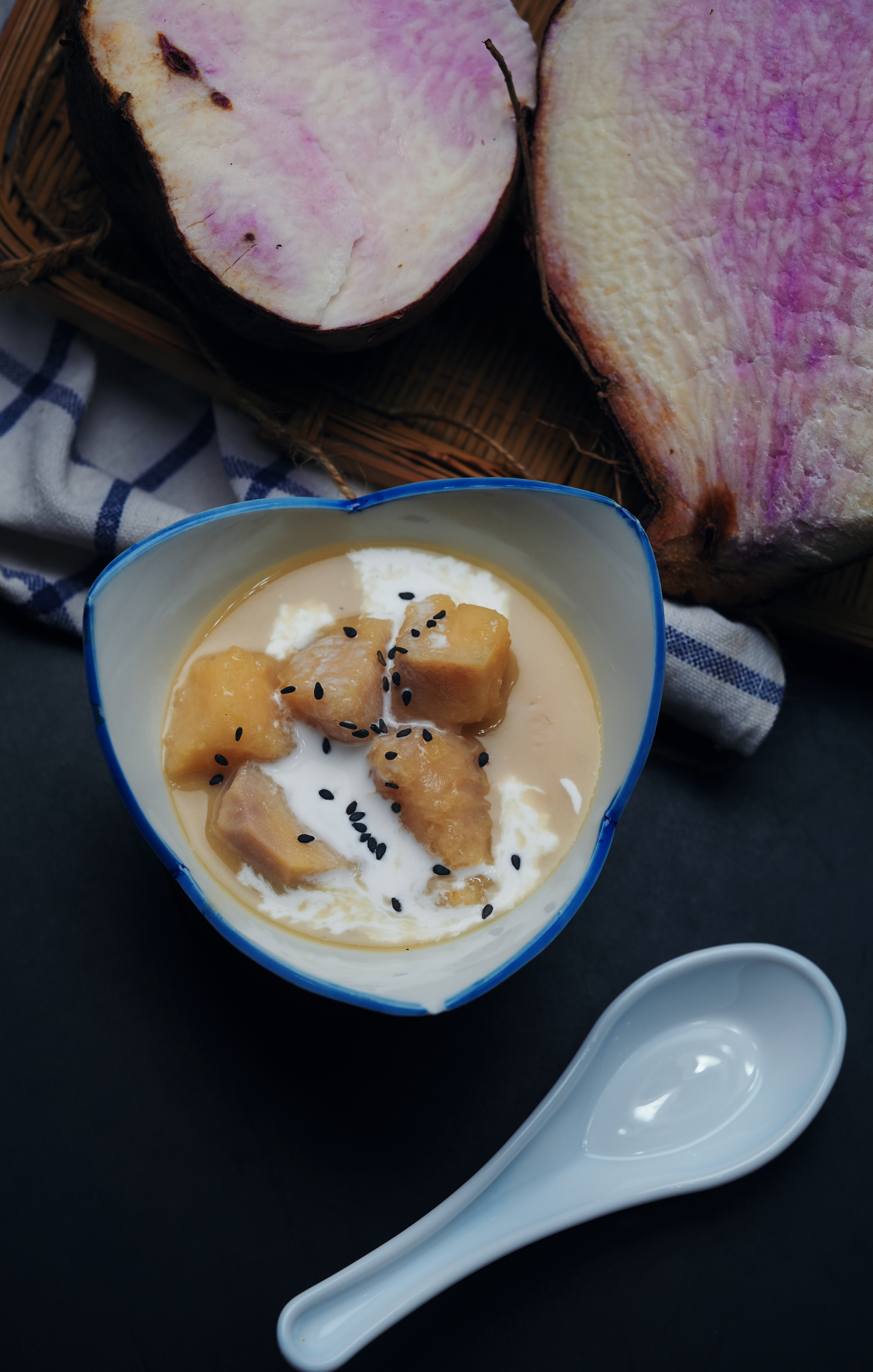 Overhead flat-lay of all ingredients for Thai Snow Fungus Dessert Soup with Longan and Water Chestnut laid out on a kitchen surface.