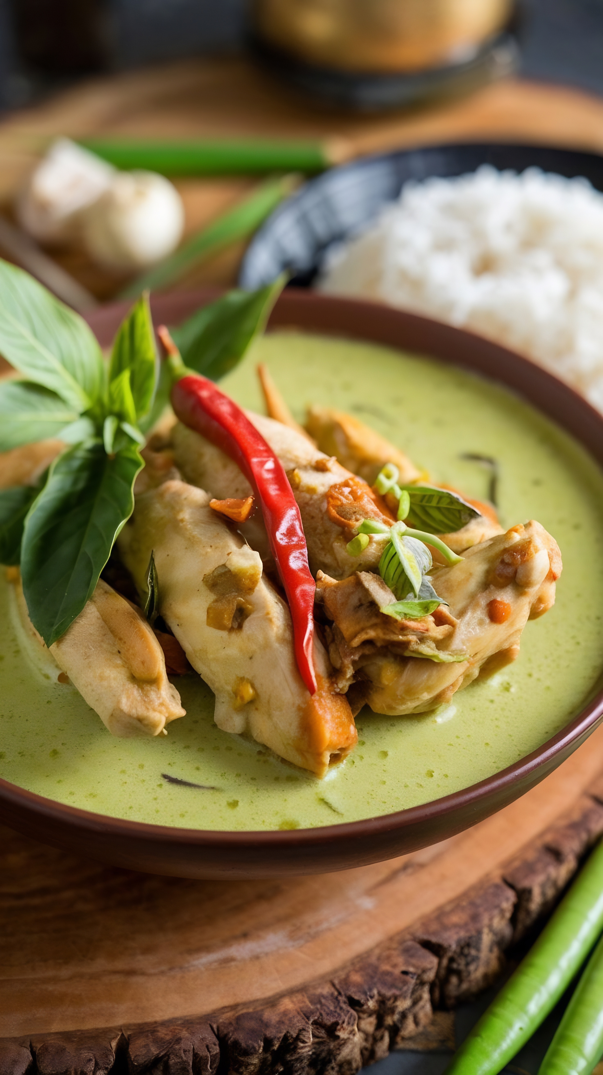 Overhead flat-lay of all ingredients for Thai Tamarind Chicken with Kaffir Lime and Red Curry Paste laid out on a kitchen surface.