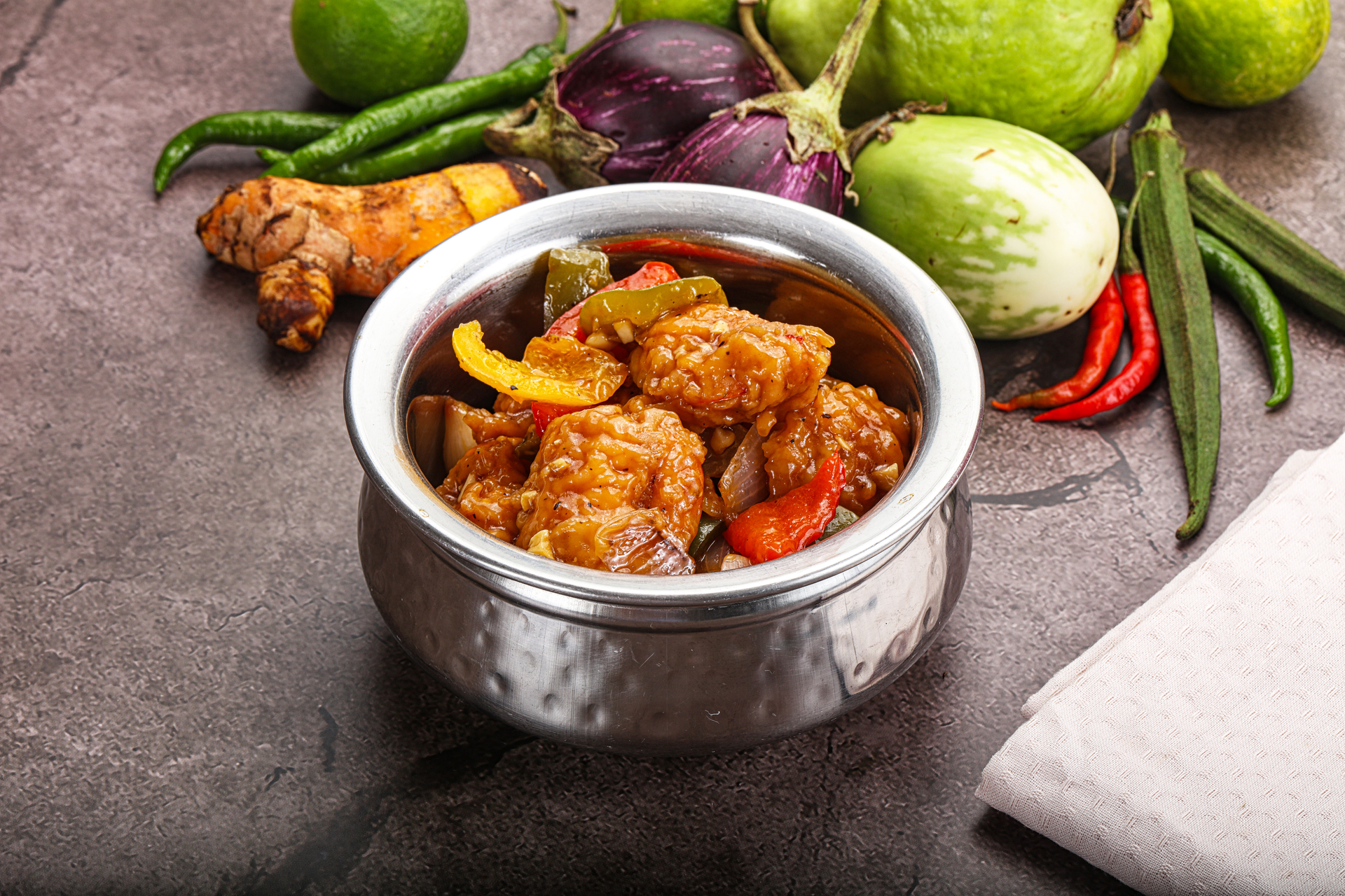 Thai Tamarind Chicken with Kaffir Lime and Red Curry Paste — Main Course served and photographed from above