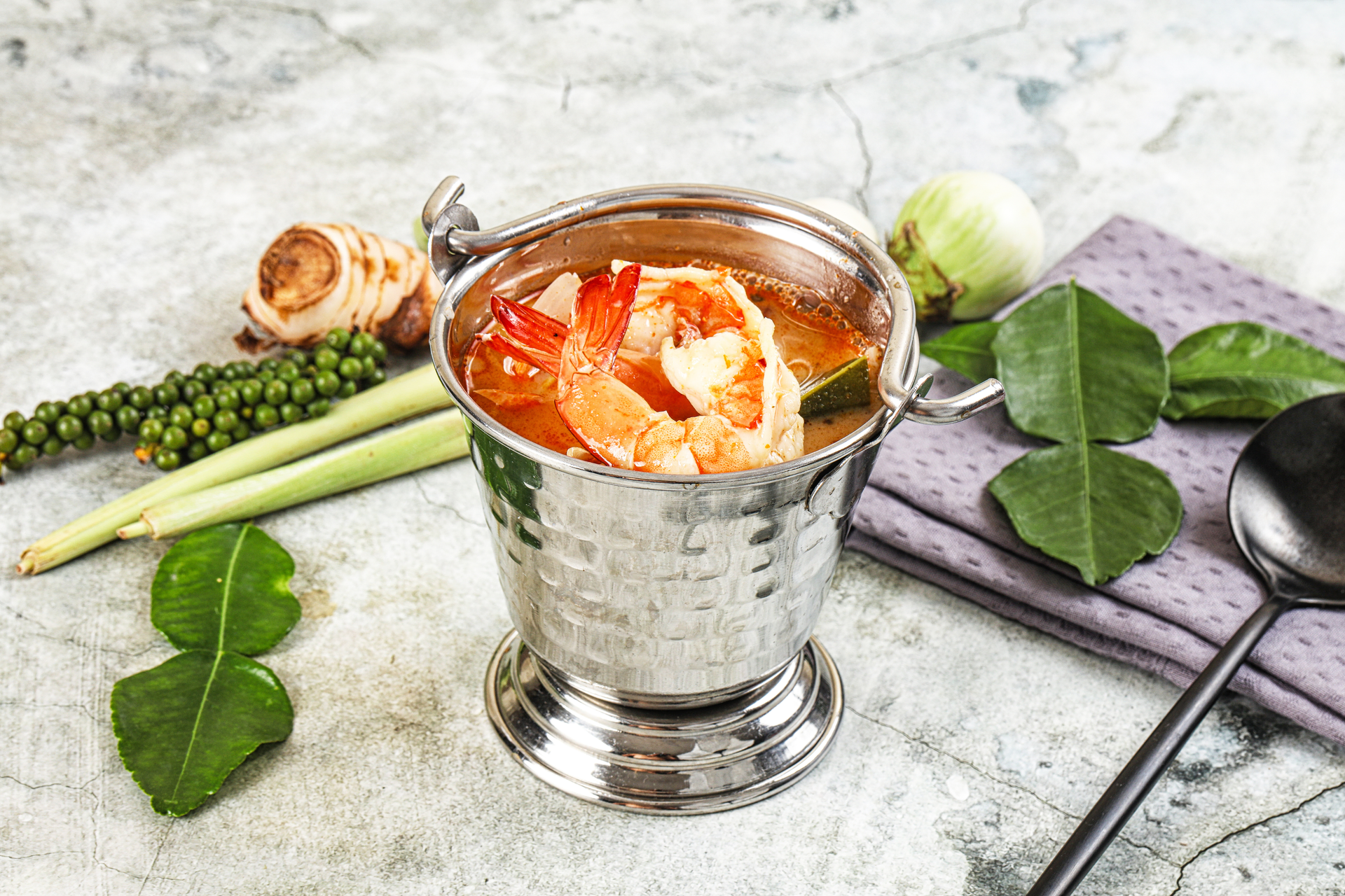 Thai Tom Yum Goong — Main Course served and photographed from above