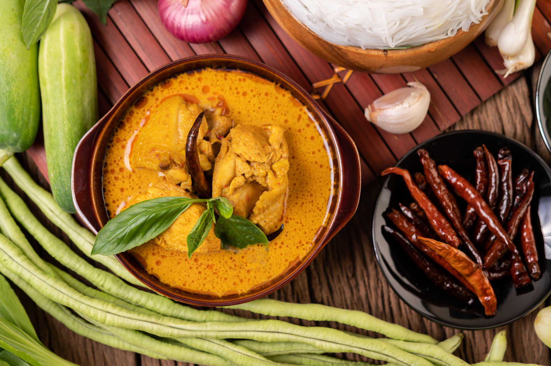 Thai Turmeric Coconut Curry with Pumpkin and Sweet Basil — Main Course served and photographed from above