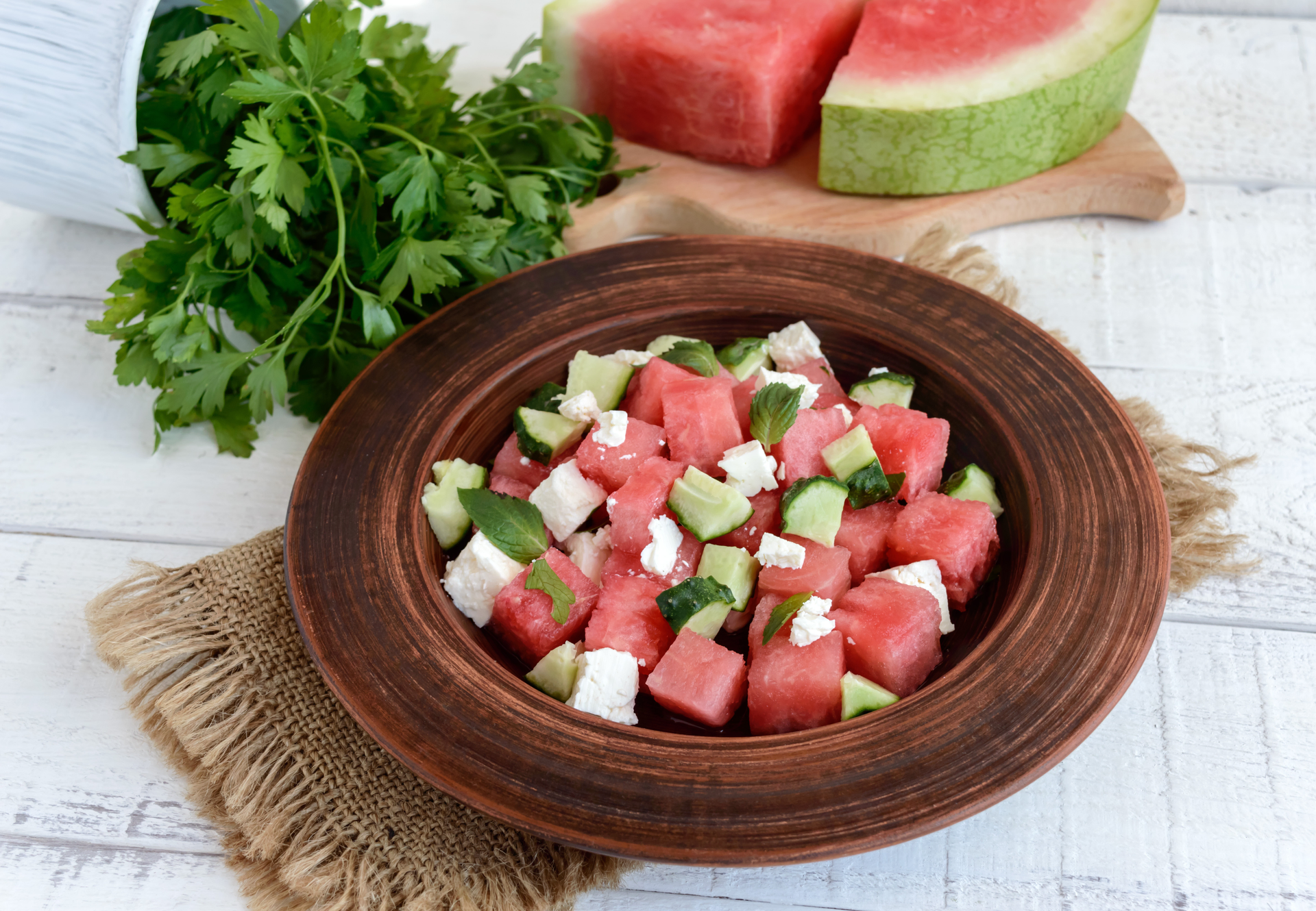 Traditional Cypriot Halloumi with Watermelon — Appetizer served and photographed from above