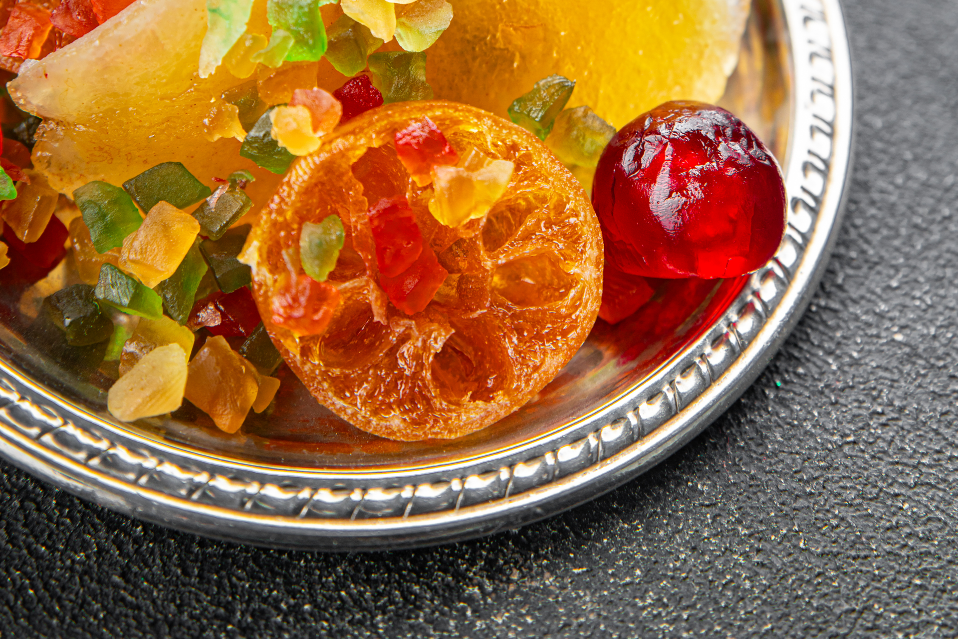Overhead flat-lay of all ingredients for Turkish Apricot and Pistachio Streusel with Rosewater Syrup laid out on a kitchen surface.