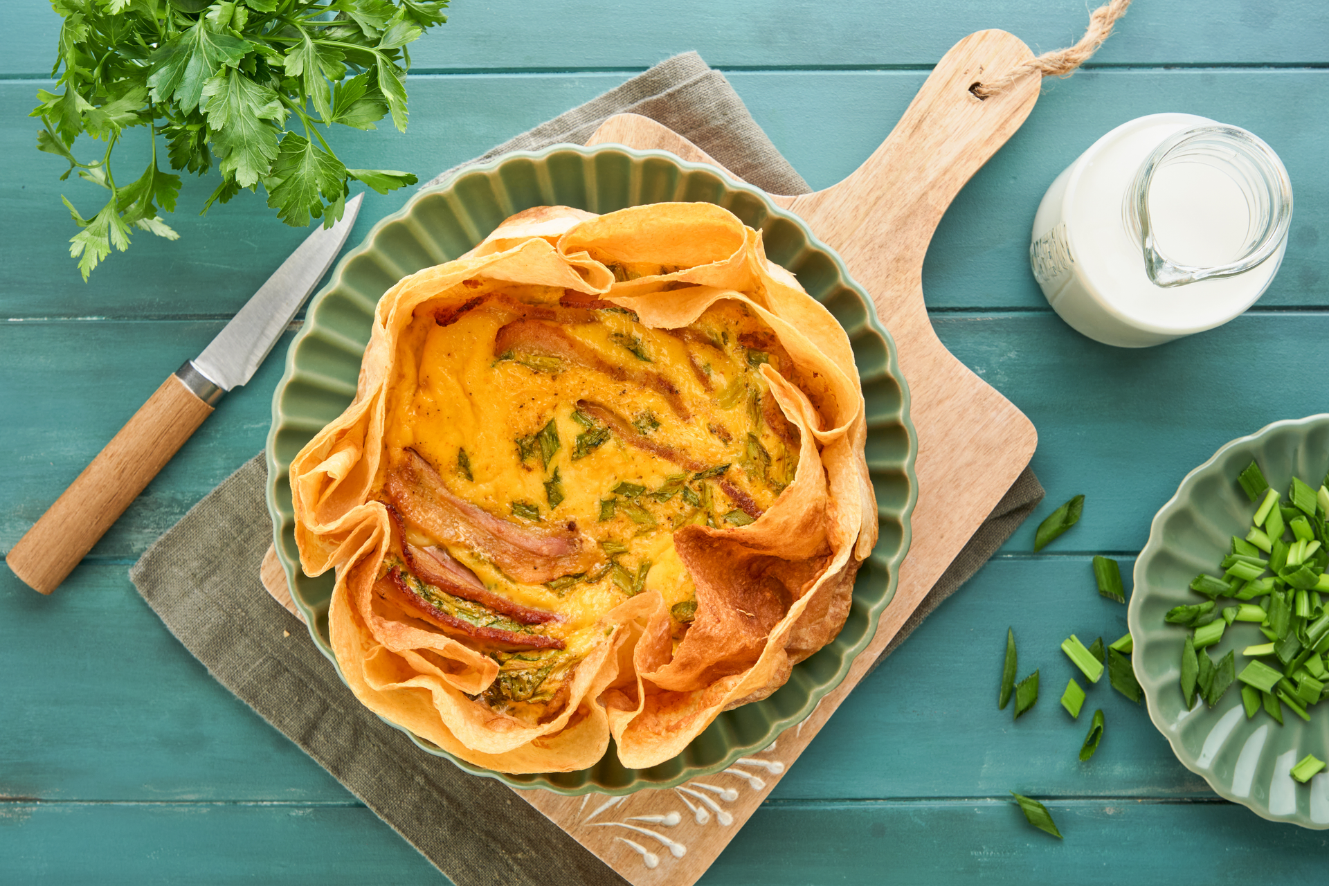 Overhead flat-lay of all ingredients for Turkish Butternut Squash Börek with Feta and Mint laid out on a kitchen surface.