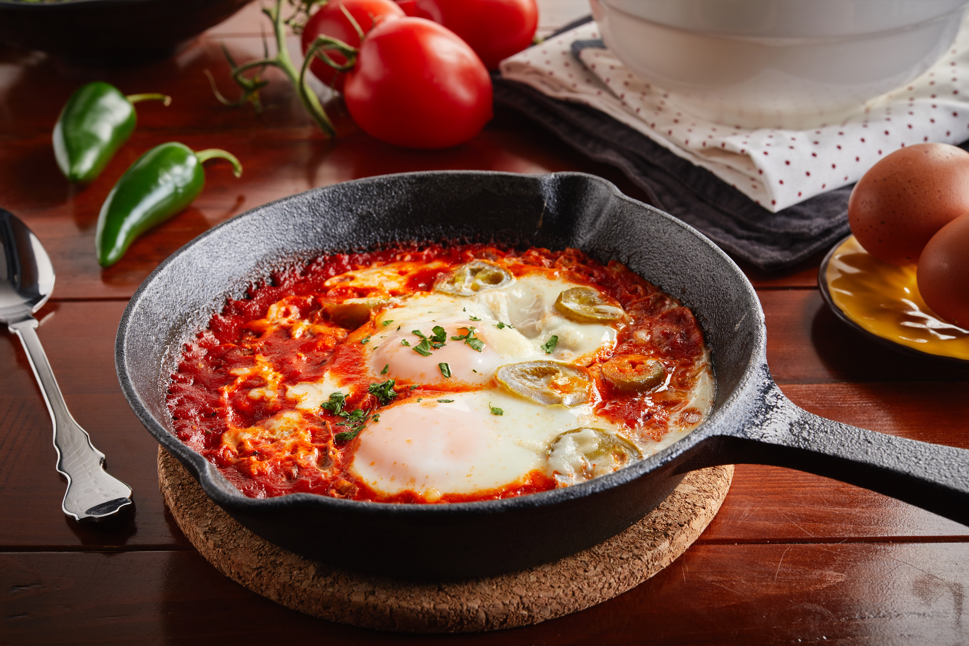 Overhead flat-lay of all ingredients for Turkish Menemen with Spicy Tomatoes and Eggs laid out on a kitchen surface.
