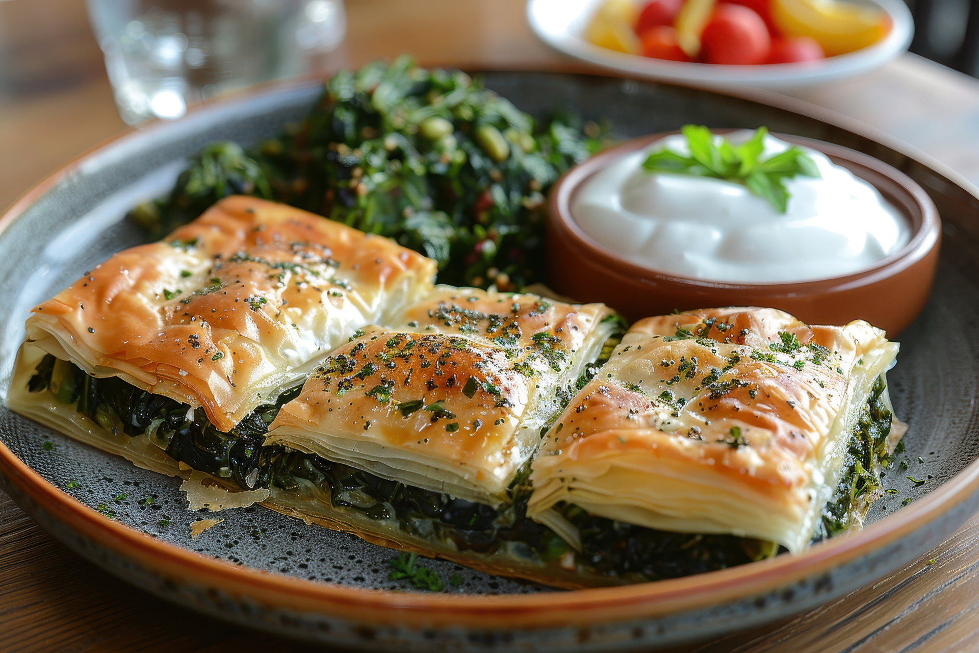Overhead flat-lay of all ingredients for Turkish Spinach and Feta Börek with Sesame Topping laid out on a kitchen surface.