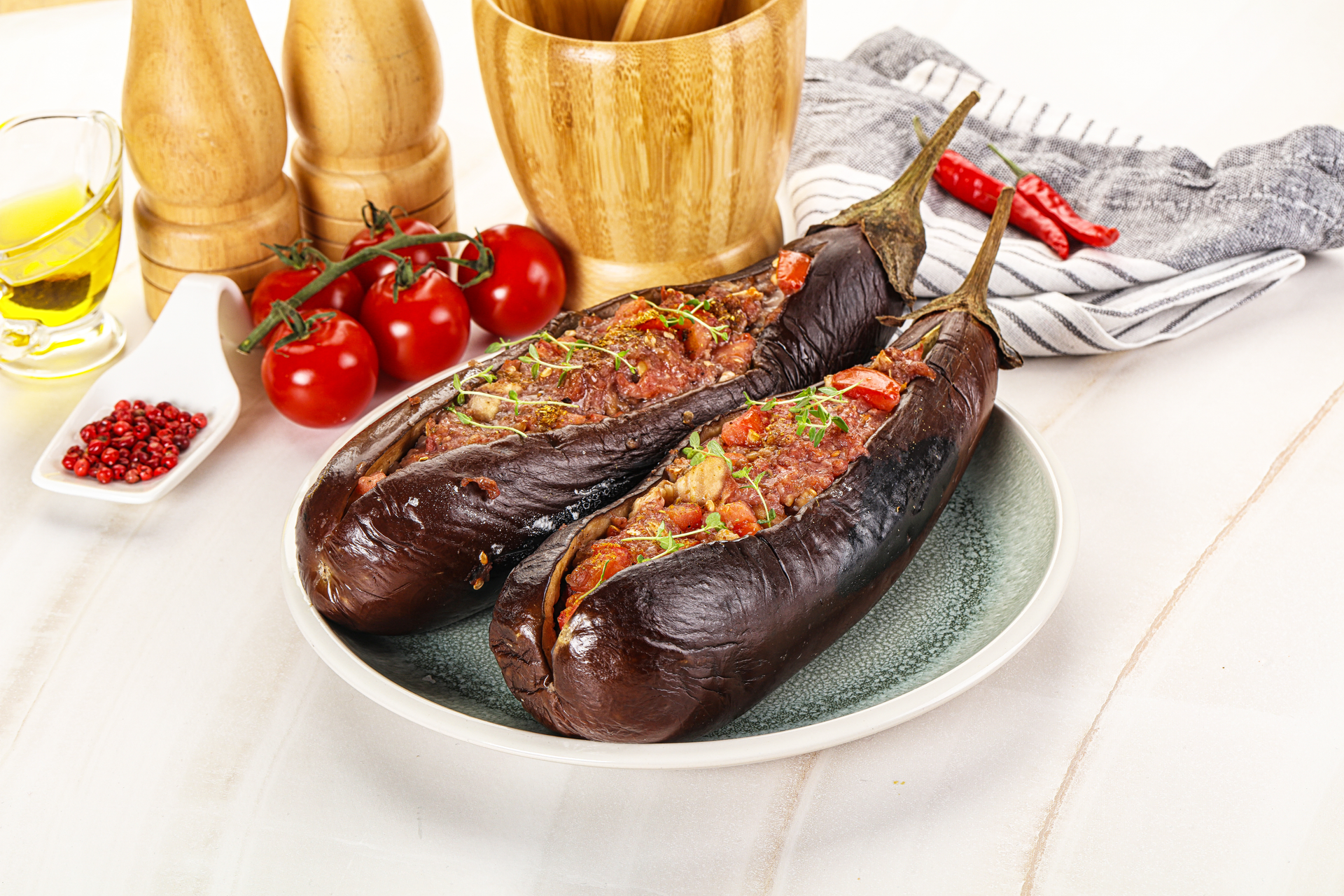 Turkish Stuffed Eggplant with Spiced Lamb and Pine Nuts