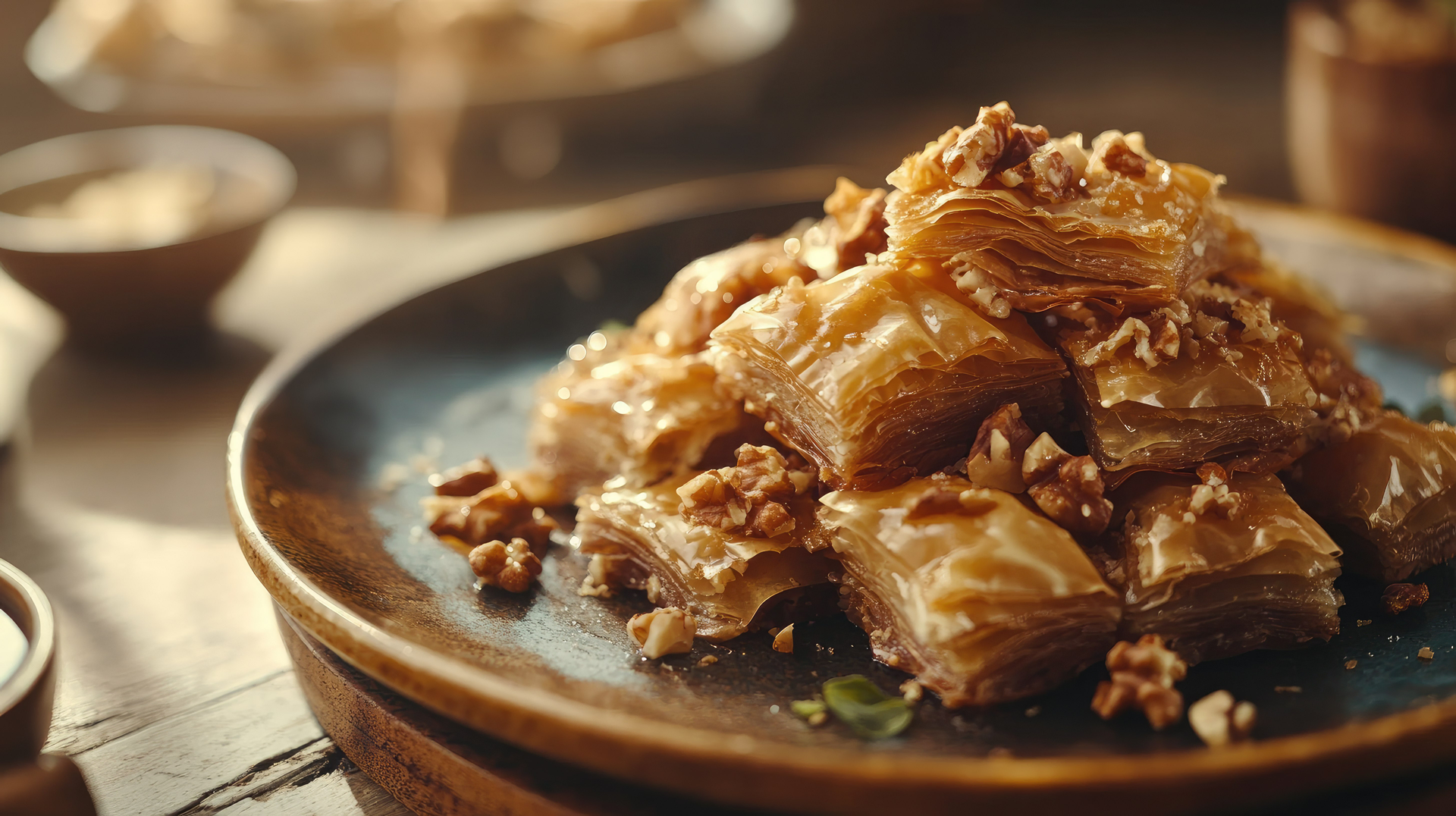 Turkish Walnut and Honey Delight Baklava — Dessert served and photographed from above