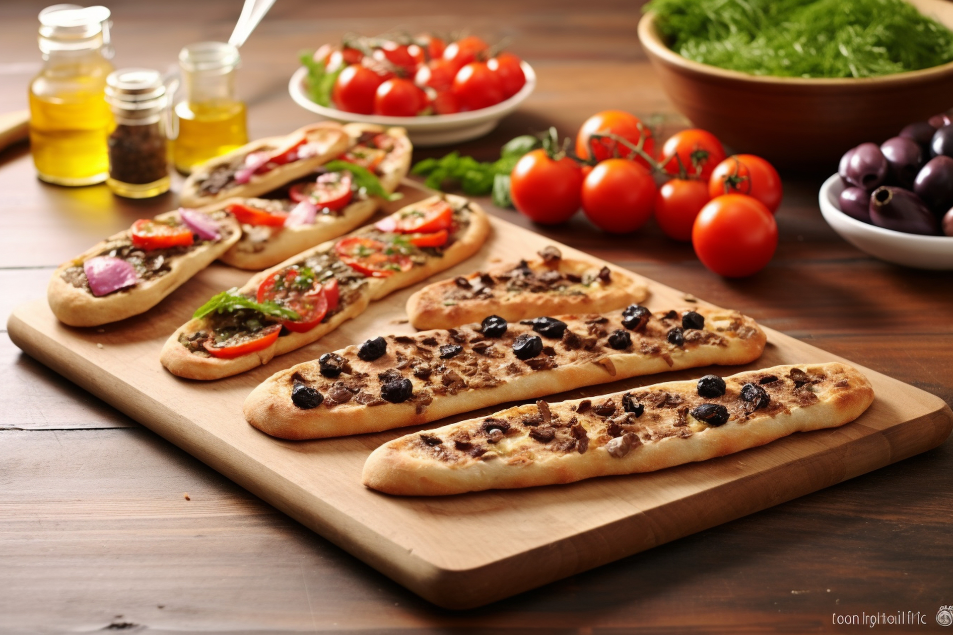 Turkish Zaatar-Spiced Pide with Halloumi and Olives — Main Course served and photographed from above