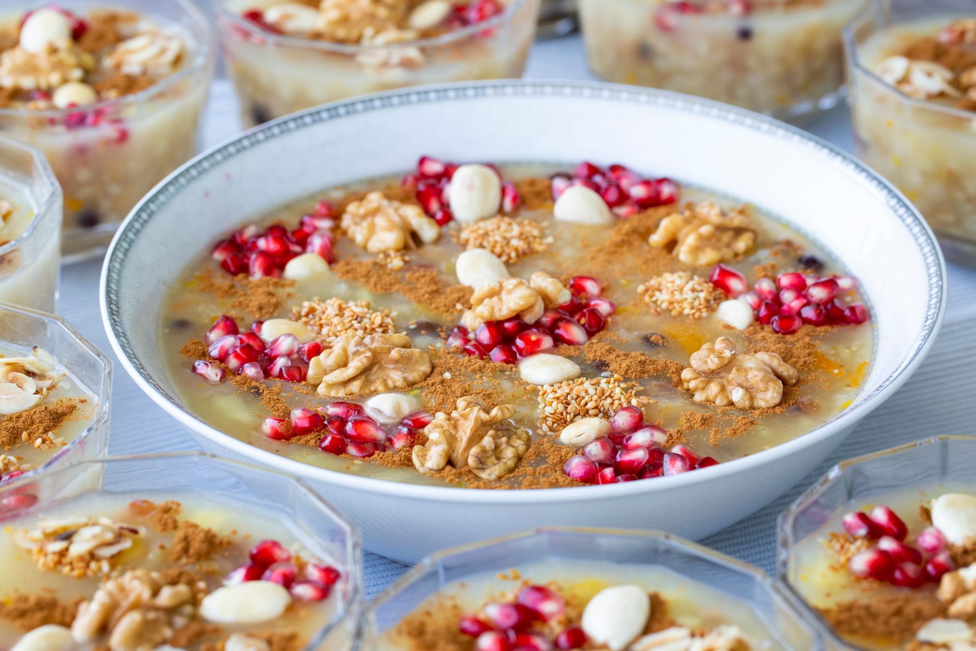 Overhead flat-lay of all ingredients for Turkish Zerde Dessert with Saffron and Pine Nuts laid out on a kitchen surface.