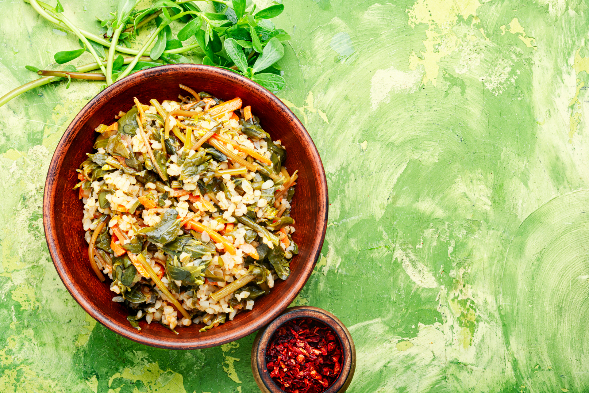 Uzbek Mastava with Rice and Fresh Herbs — Soup served and photographed from above