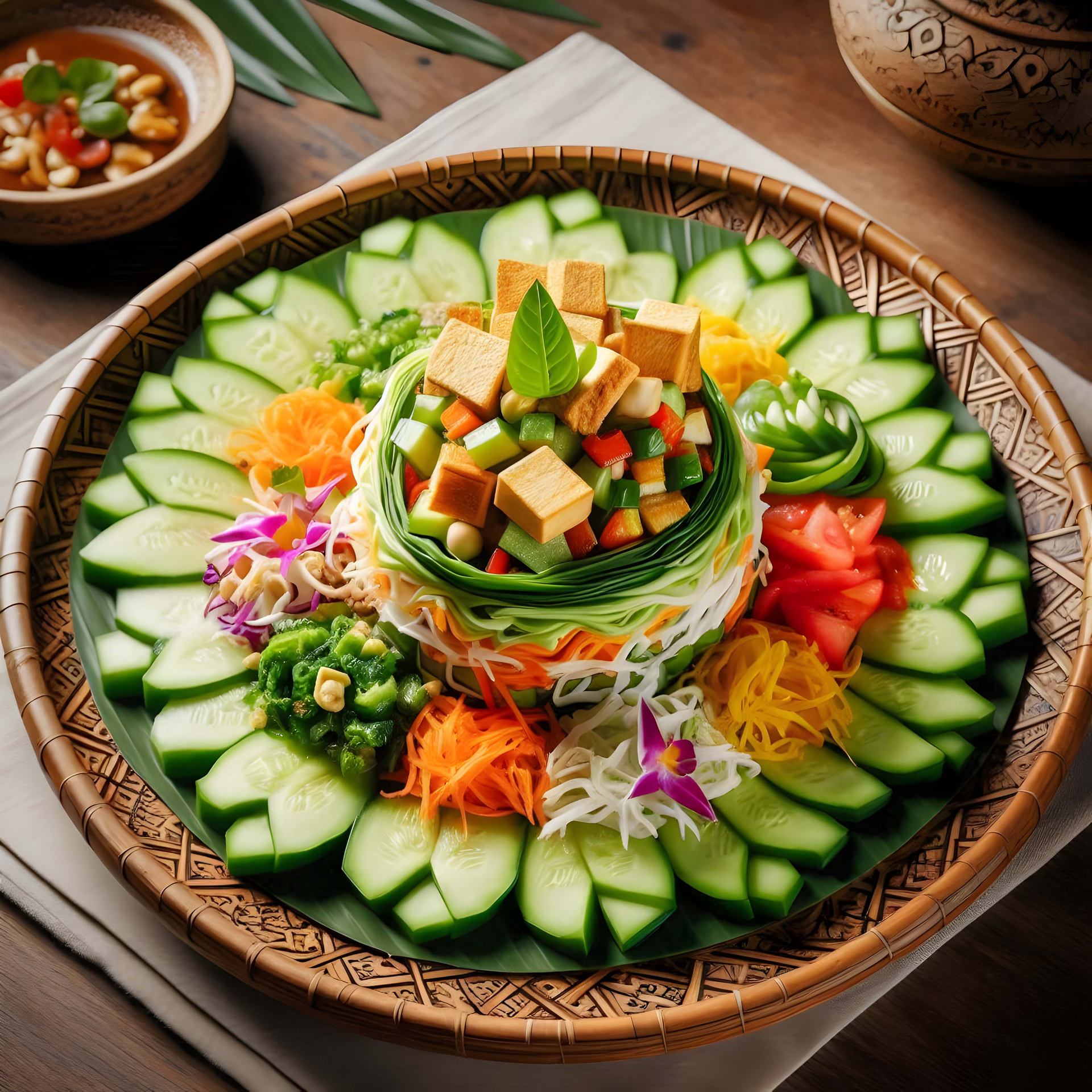 Overhead flat-lay of all ingredients for Velvet Vietnamese Lotus Stem Salad with Fresh Herbs laid out on a kitchen surface.