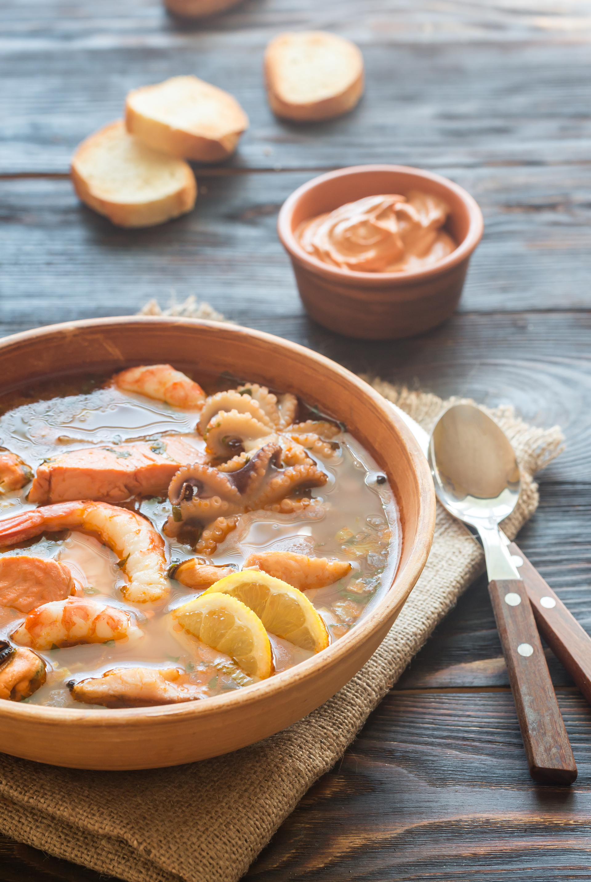Velvety Colombian Cazuela de Mariscos with Coconut Milk — Main Course served and photographed from above